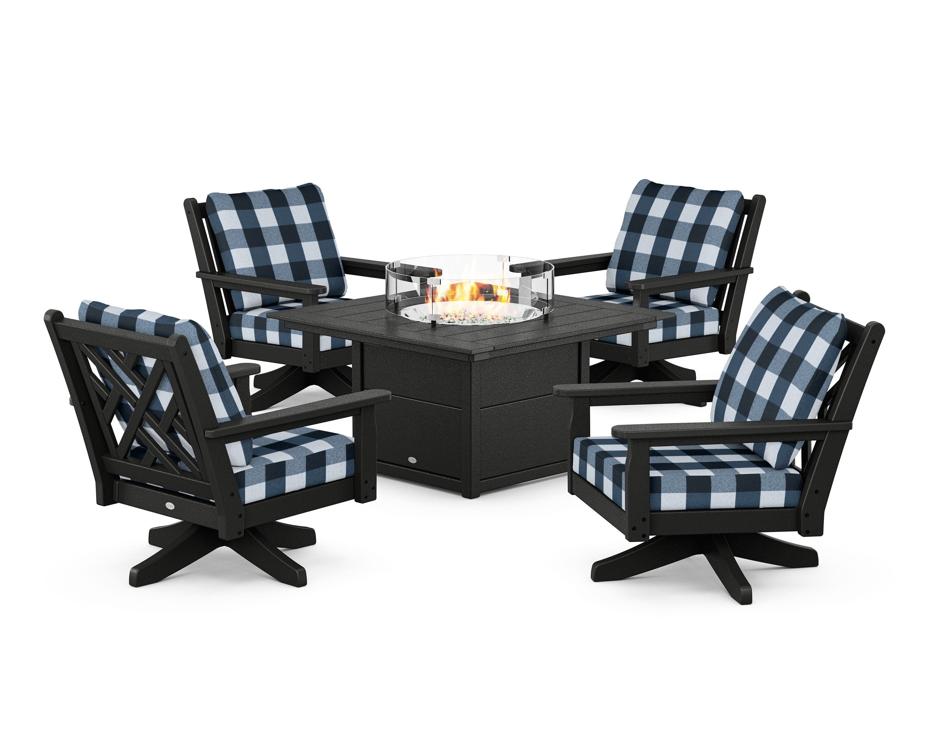 Chippendale 5-Piece Deep Seating Swivel Conversation Set with Fire Pit Table in Black / Buffalo Plaid Marine Indigo