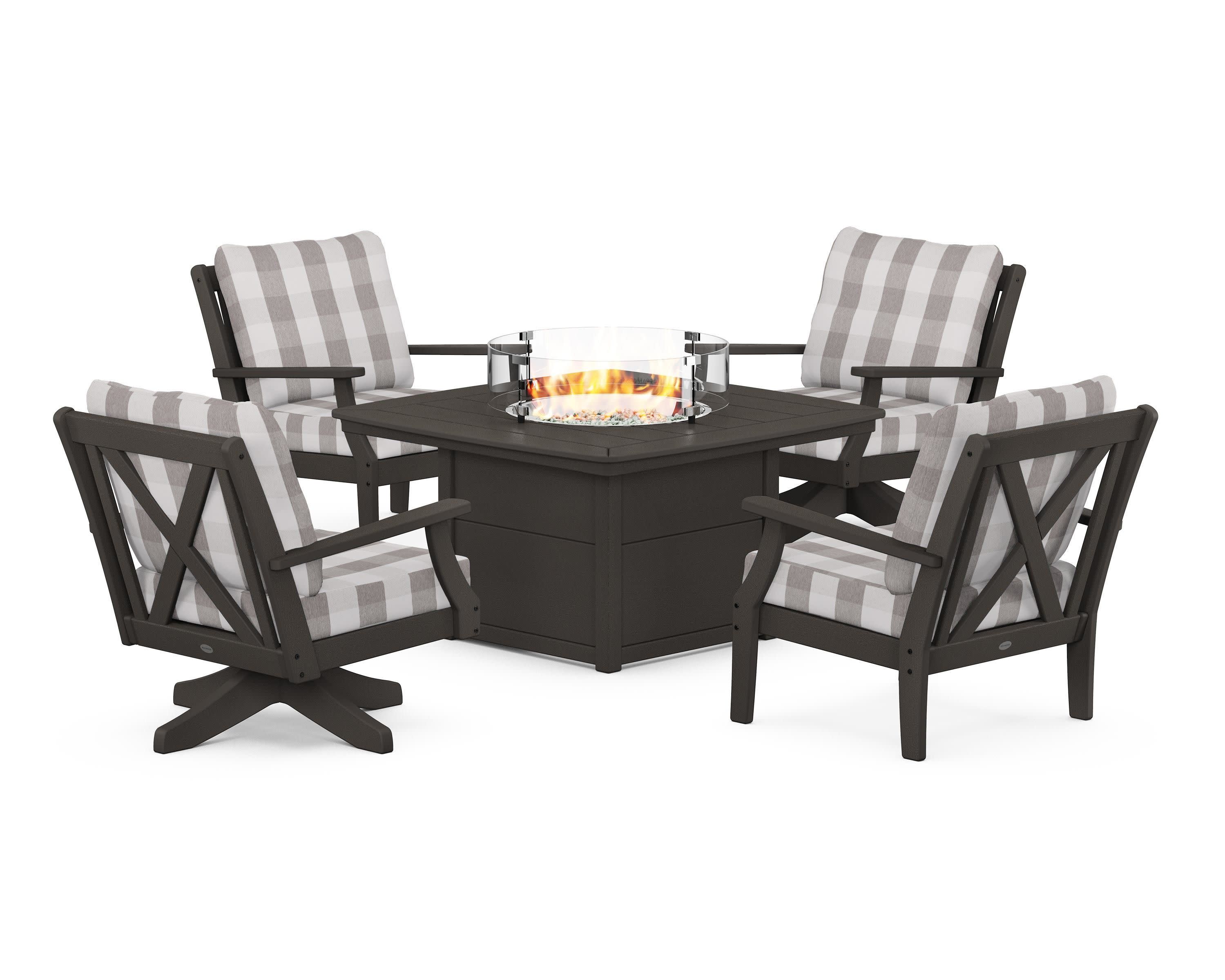 Braxton 5-Piece Deep Seating Set with Fire Table in Vintage Coffee / Buffalo Plaid Grey Mist