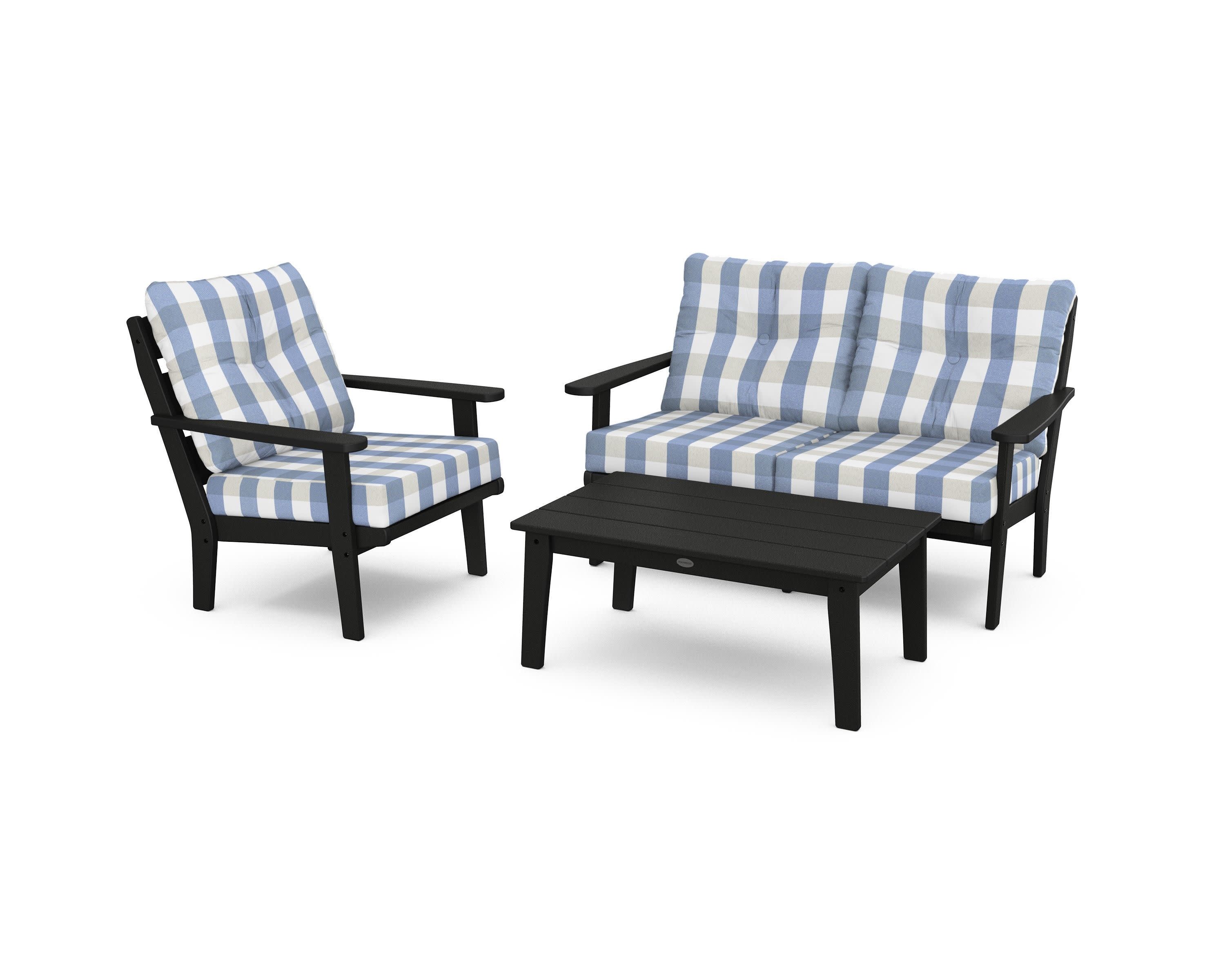 Lakeside 3-Piece Deep Seating Set in Black / Buffalo Plaid Sky Blue