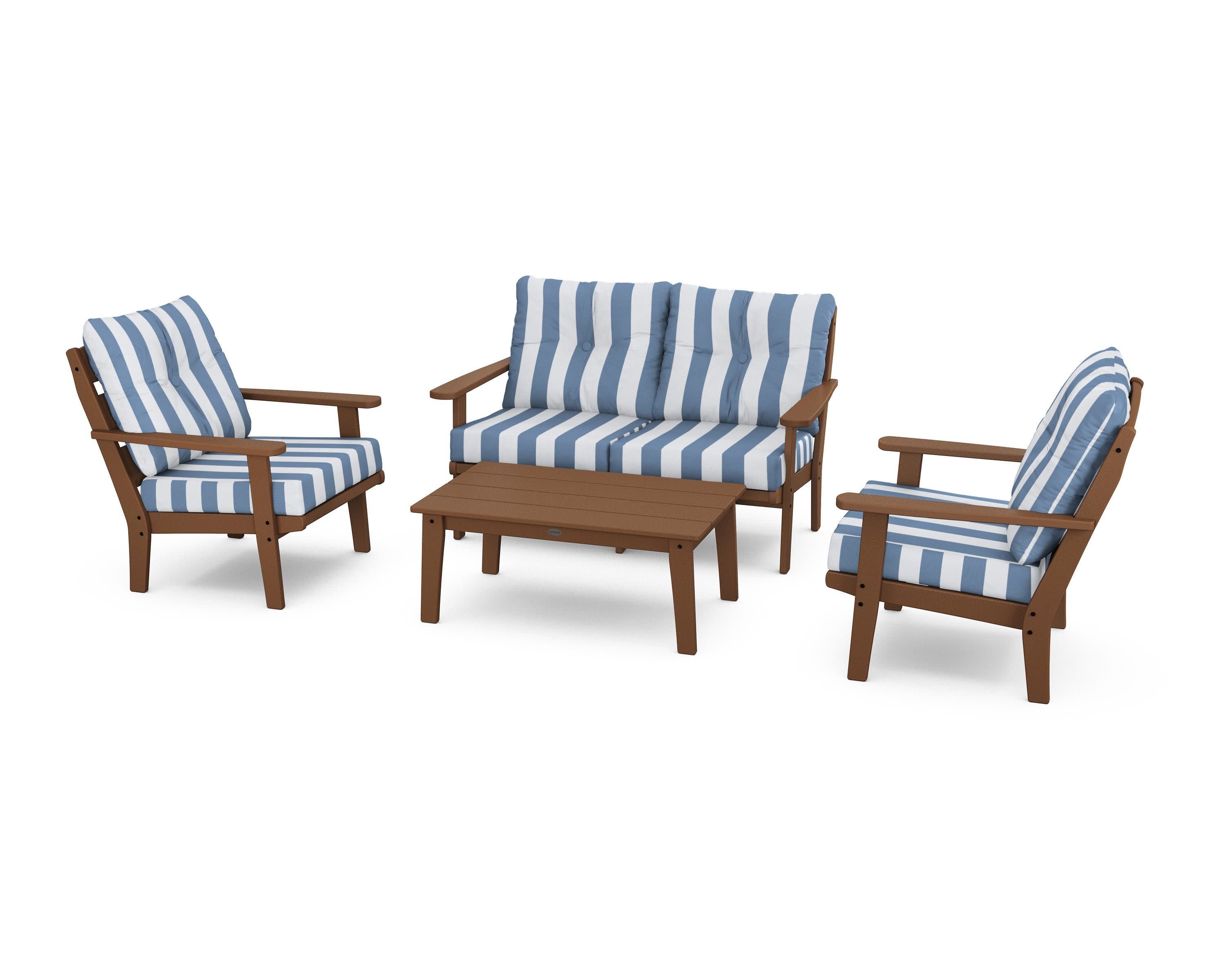 Lakeside 4-Piece Deep Seating Set in Teak / Cabana Stripe Sky Blue