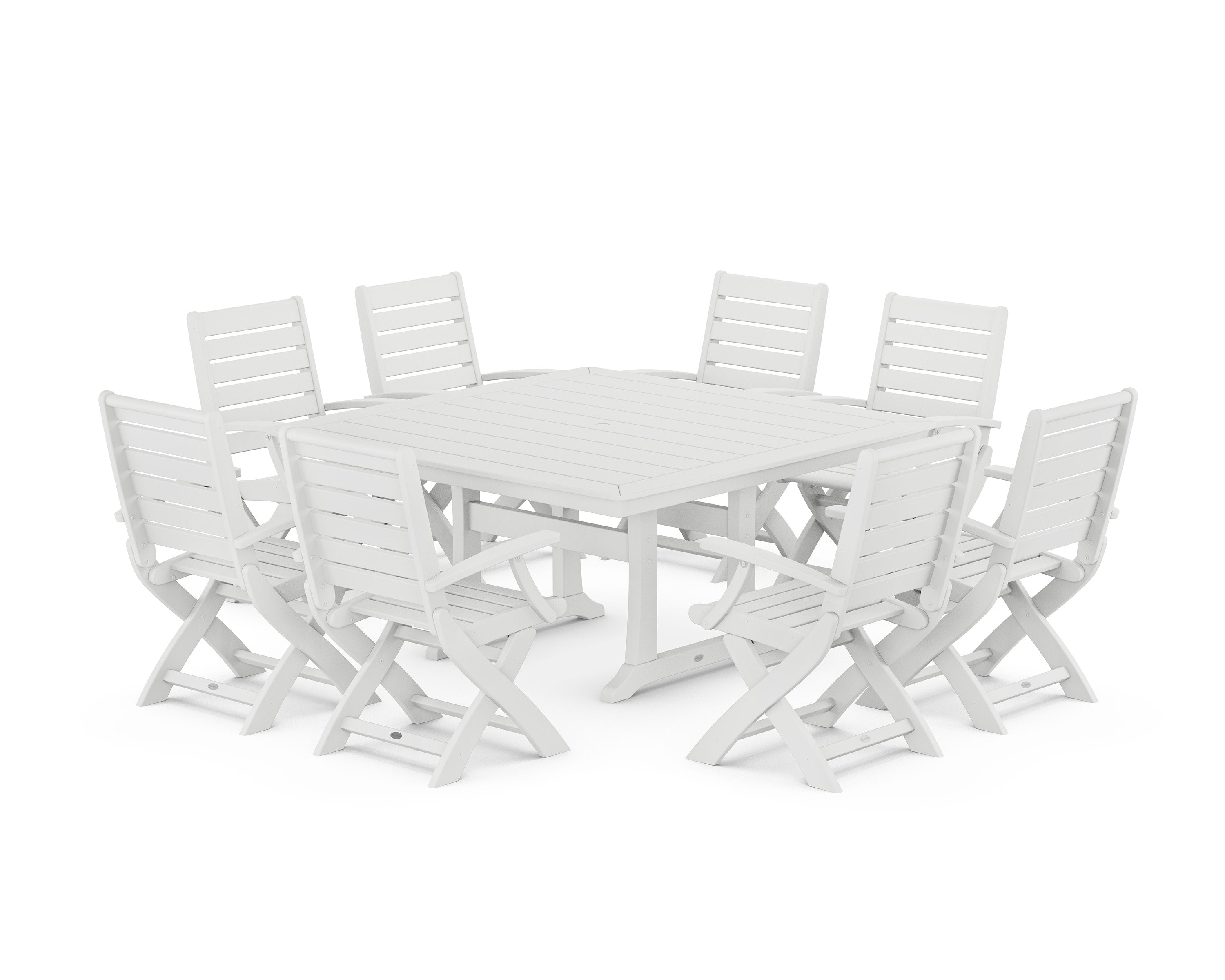 Signature Folding Chair 9-Piece Square Dining Set with Trestle Legs in White