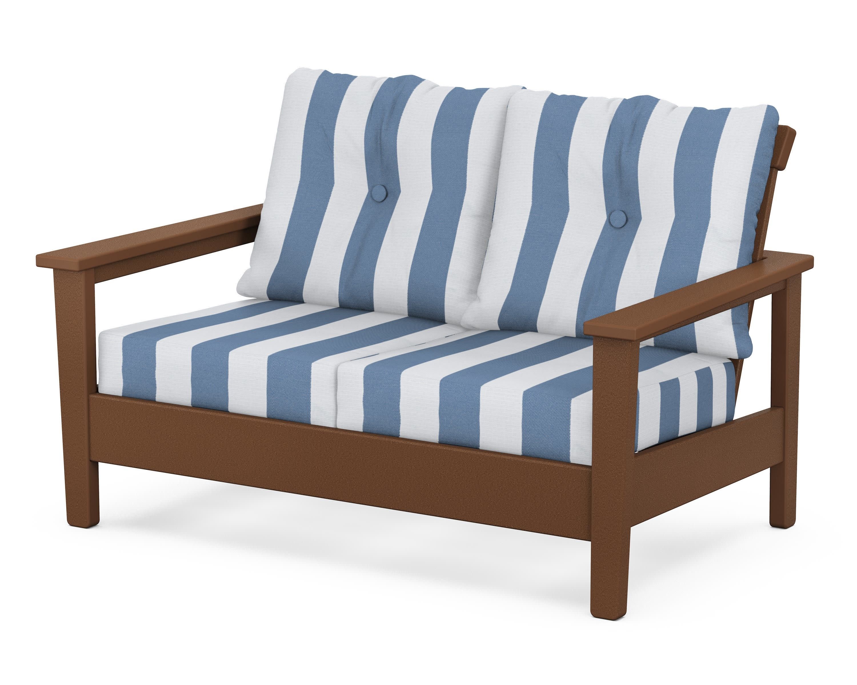 Prescott Deep Seating Loveseat in Teak / Cabana Stripe Sky Blue