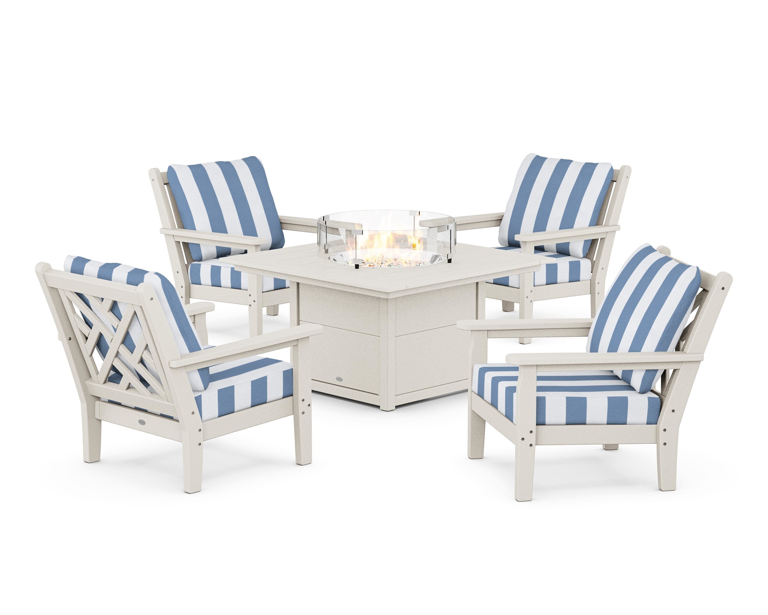 Chippendale 5-Piece Deep Seating Set with Fire Pit Table in Sand / Cabana Stripe Sky Blue