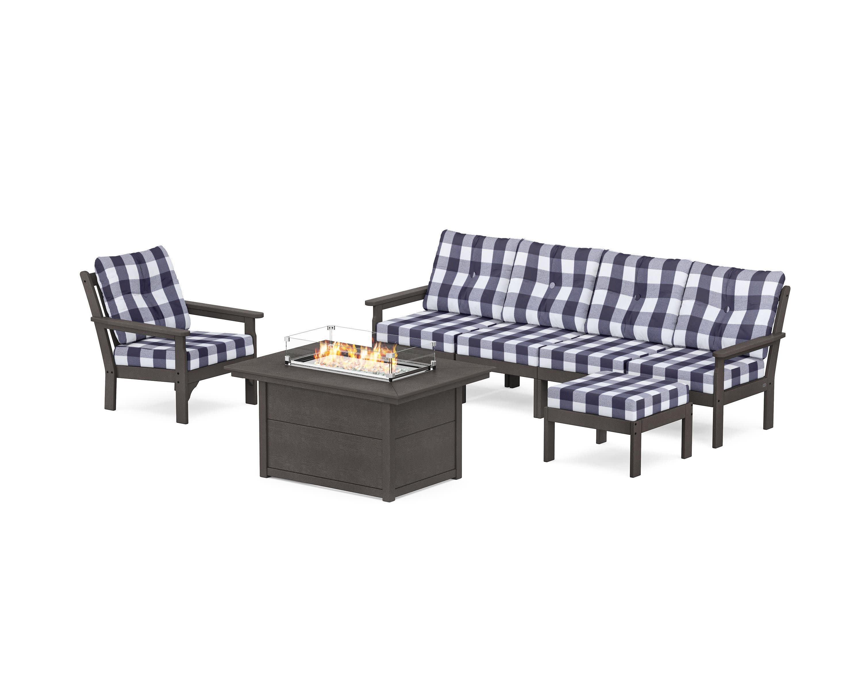 Vineyard Sectional Lounge and Fire Pit Set in Vintage Coffee / Buffalo Plaid Navy
