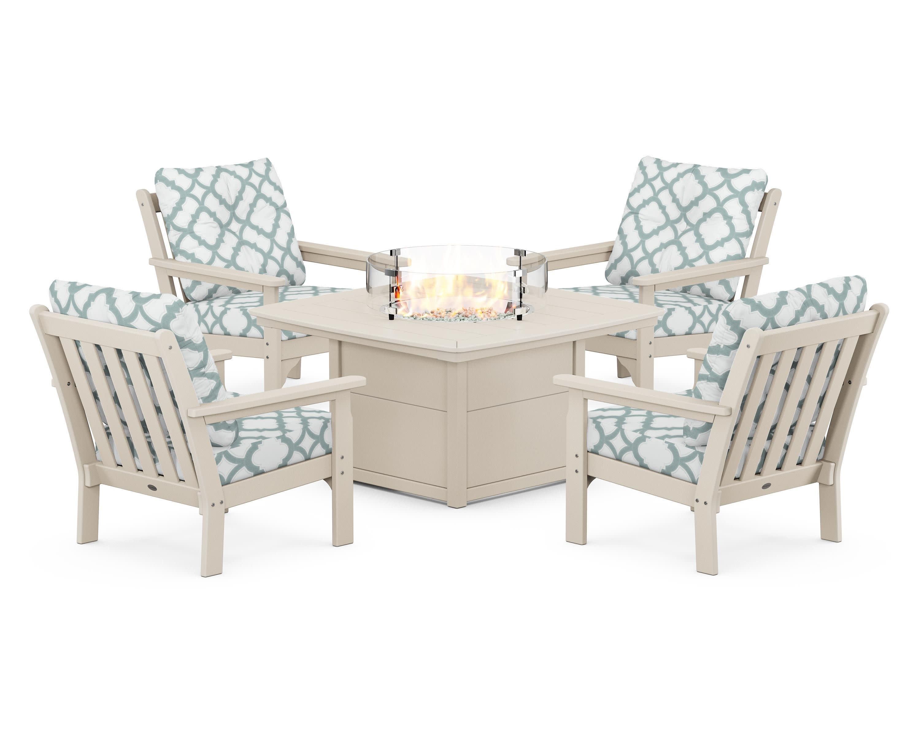 Vineyard 5-Piece Conversation Set with Fire Pit Table in Sand / Trellis Glacier Spa
