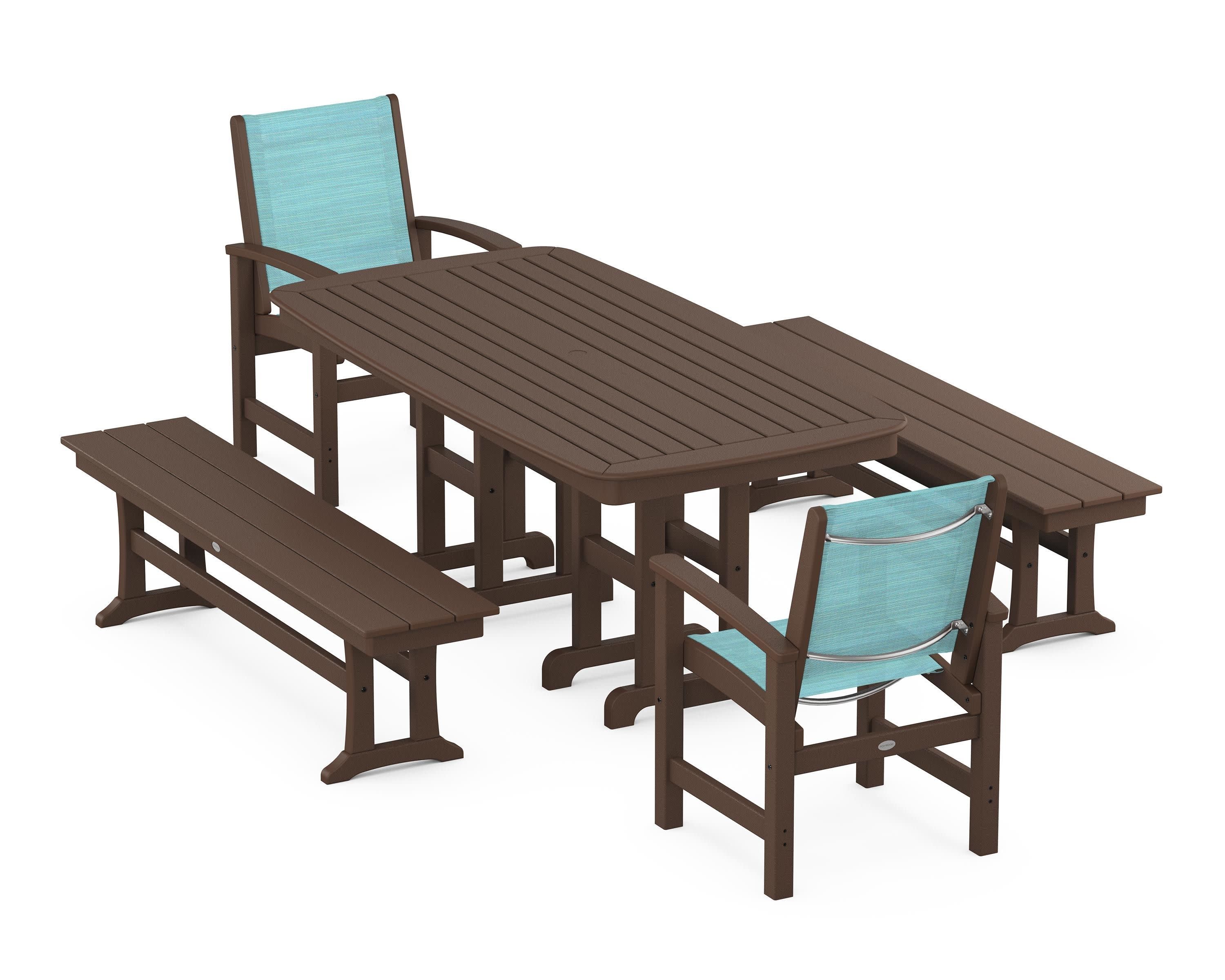 Coastal 5-Piece Dining Set in Mahogany / Dupioni Aquamarine Sling