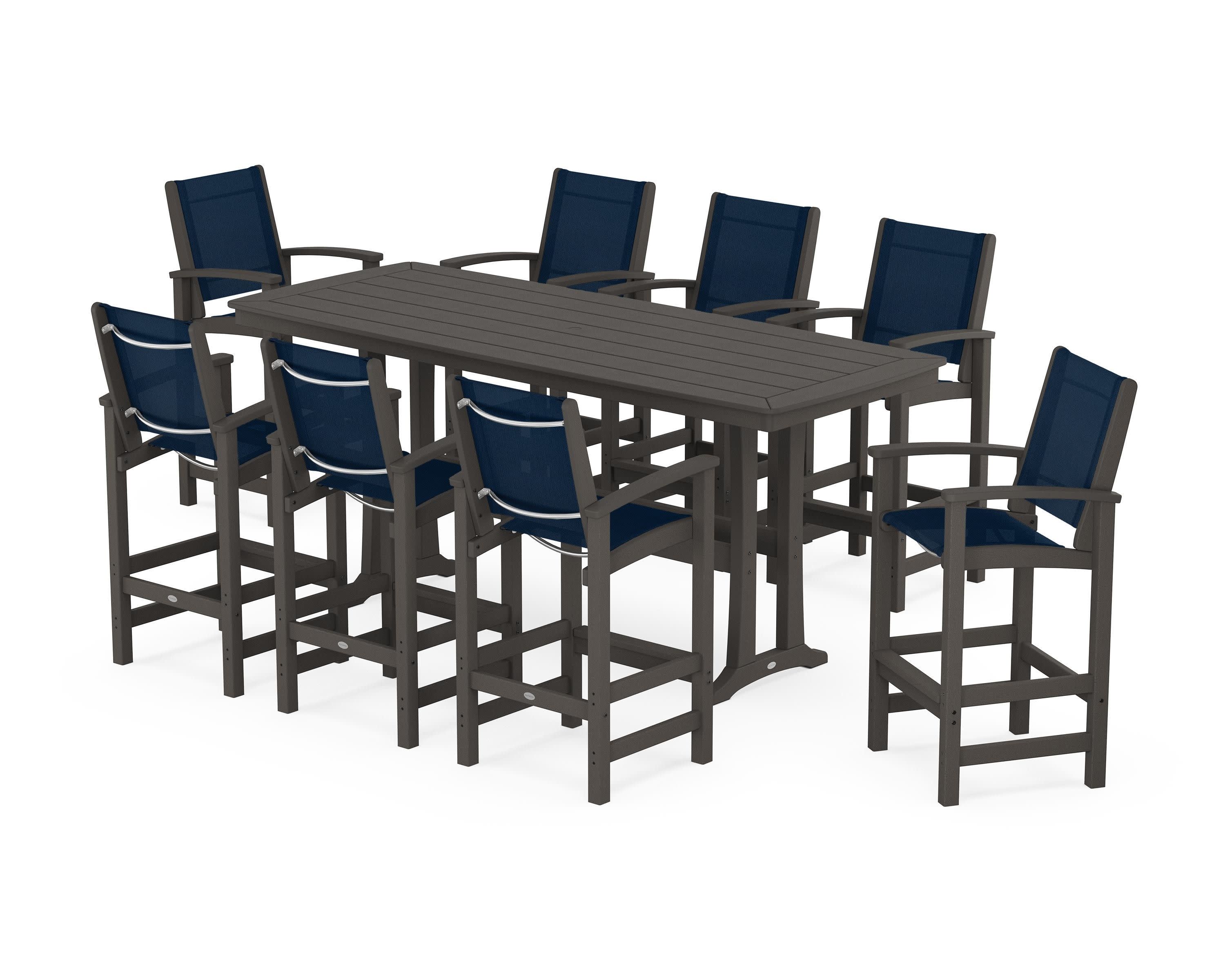 Coastal 9-Piece Bar Set with Trestle Legs in Vintage Coffee / Navy Blue Sling