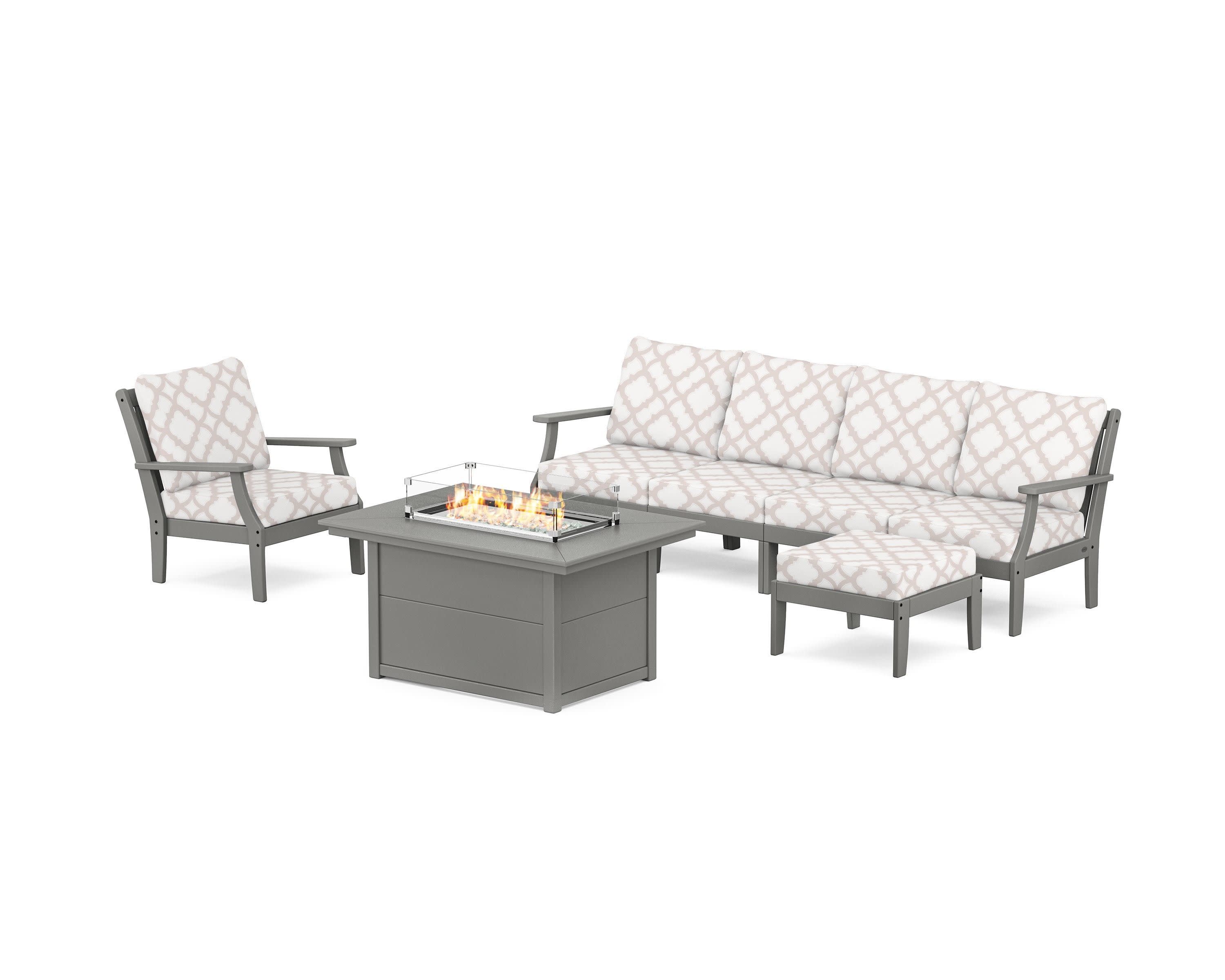 Braxton Sectional Lounge and Fire Pit Set in Slate Grey / Trellis Dune Burlap