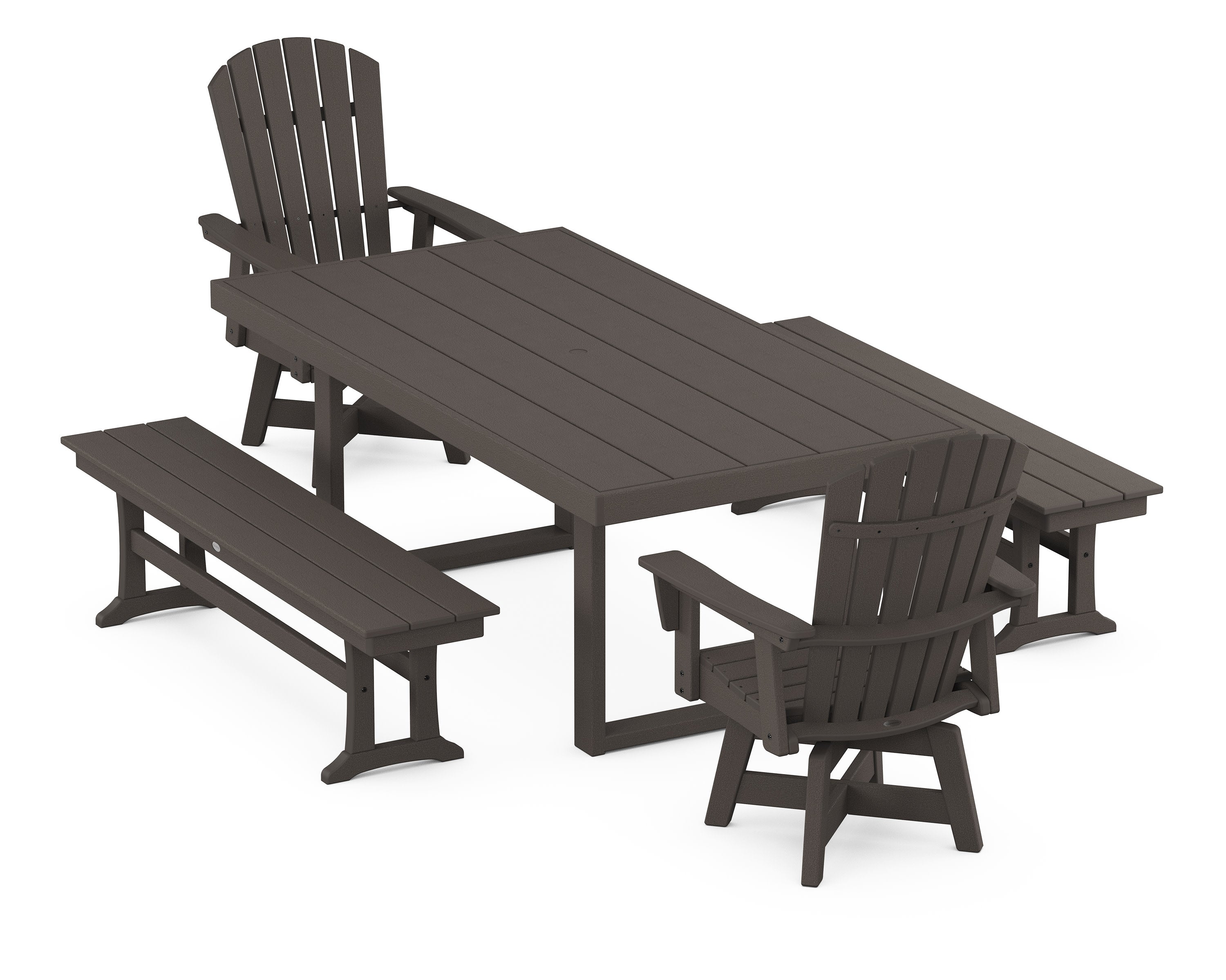 Nautical Curveback Adirondack Swivel Chair 5-Piece Dining Set with Benches in Vintage Coffee