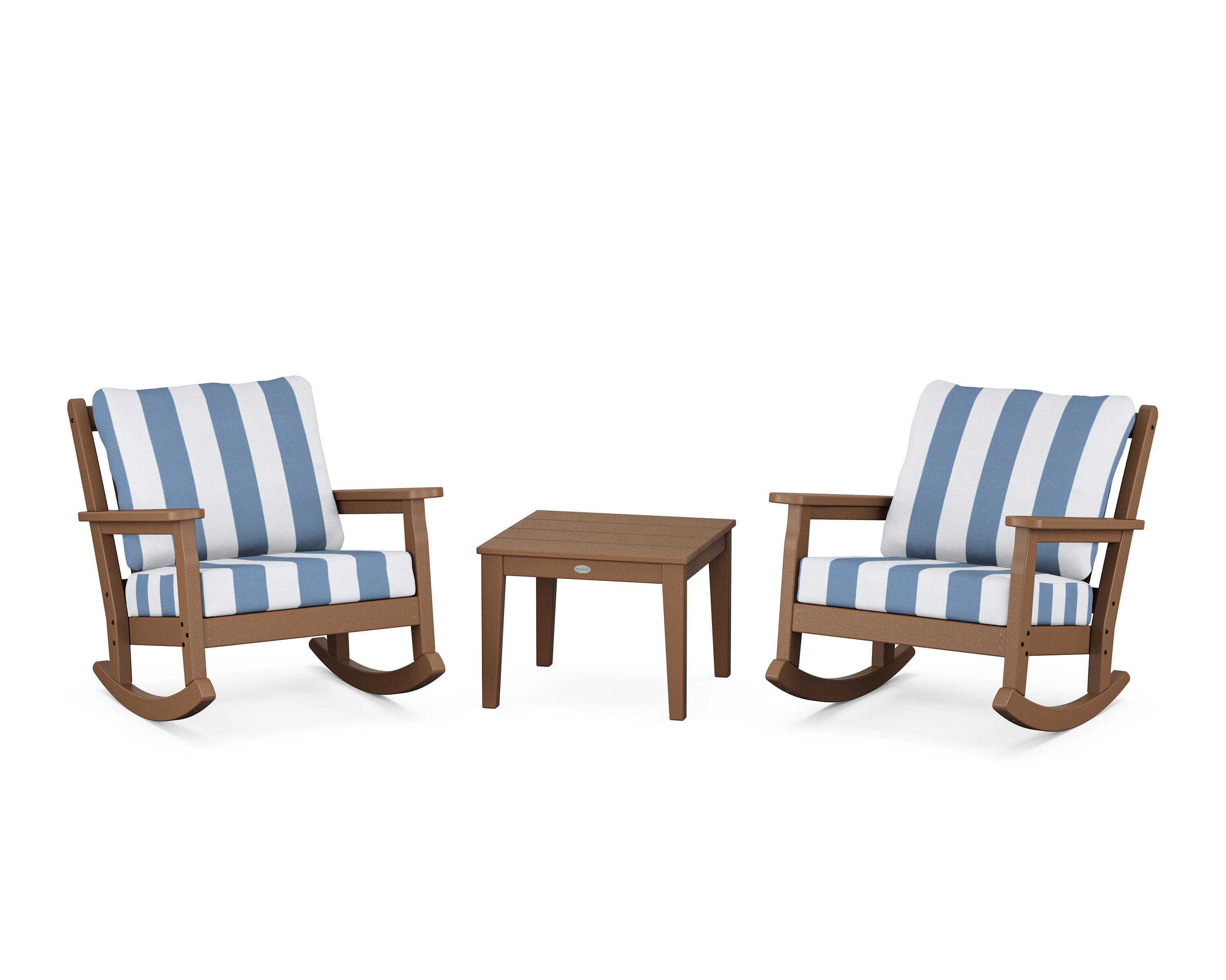 Chippendale 3-Piece Deep Seating Rocker Set in Teak / Cabana Stripe Sky Blue