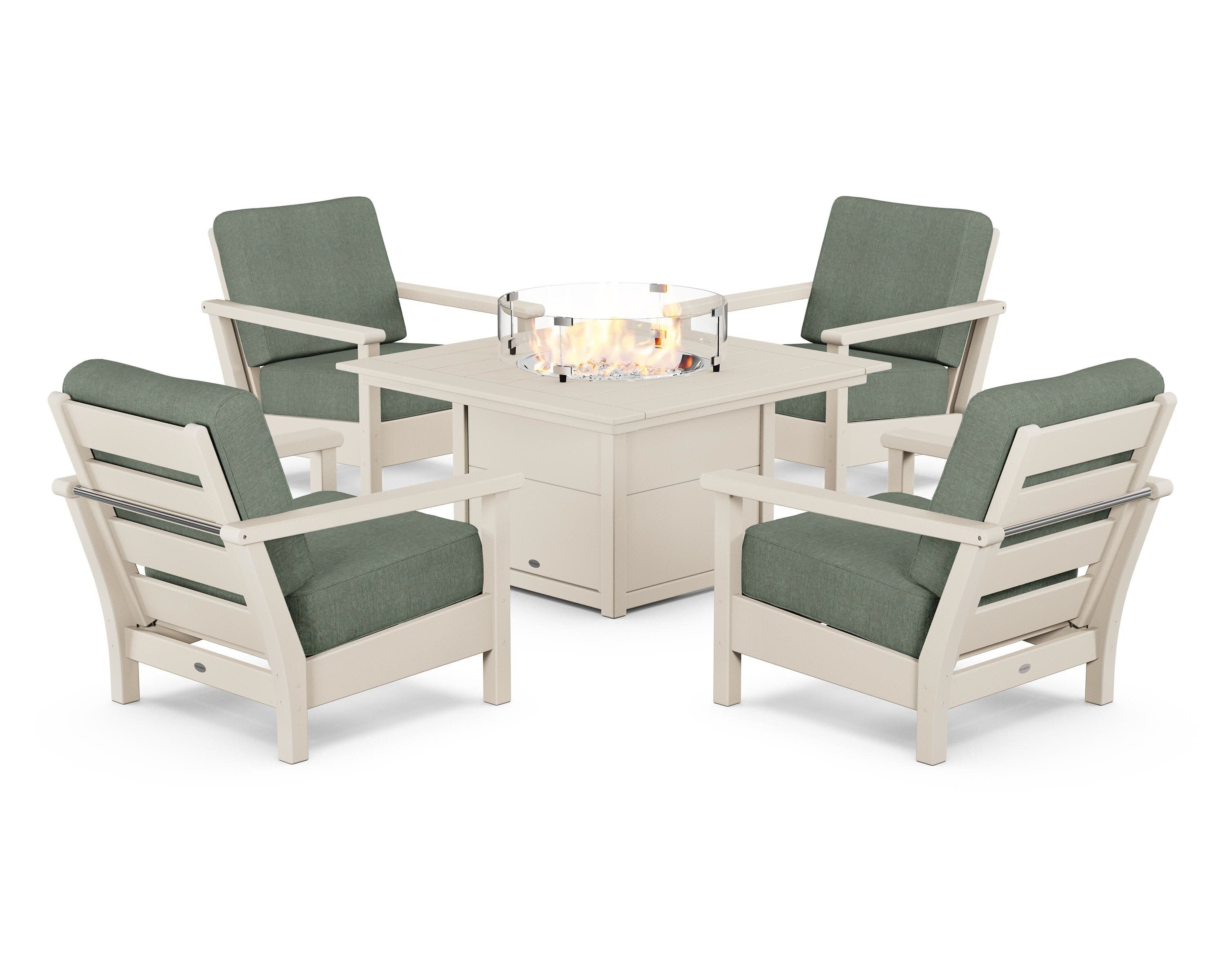Harbour 5-Piece Conversation Set with Fire Pit Table in Sand / Cast Sage