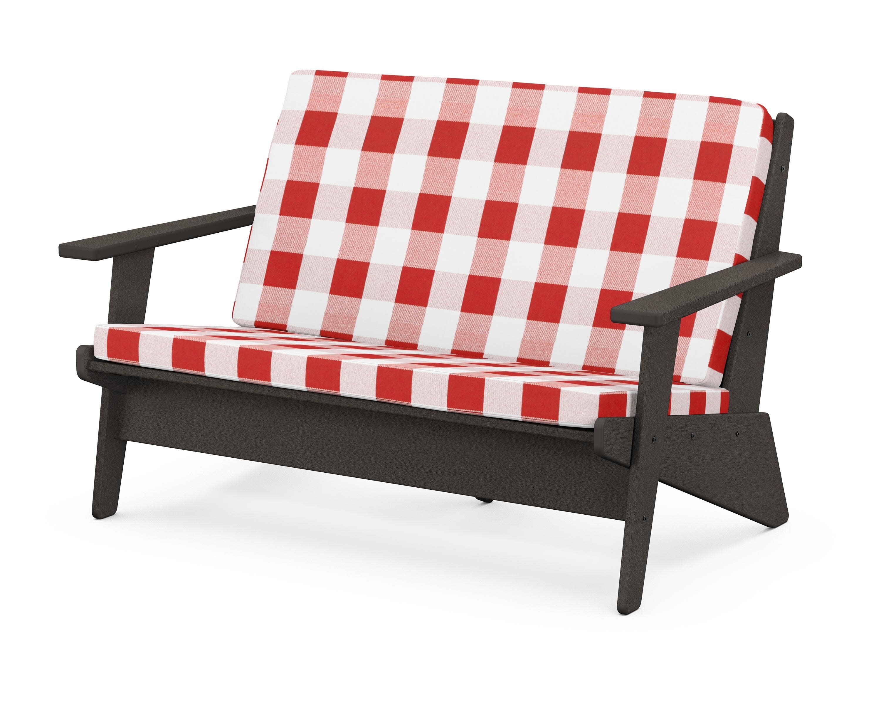 Riviera Modern Lounge Loveseat in Vintage Coffee / Buffalo Plaid Crimson