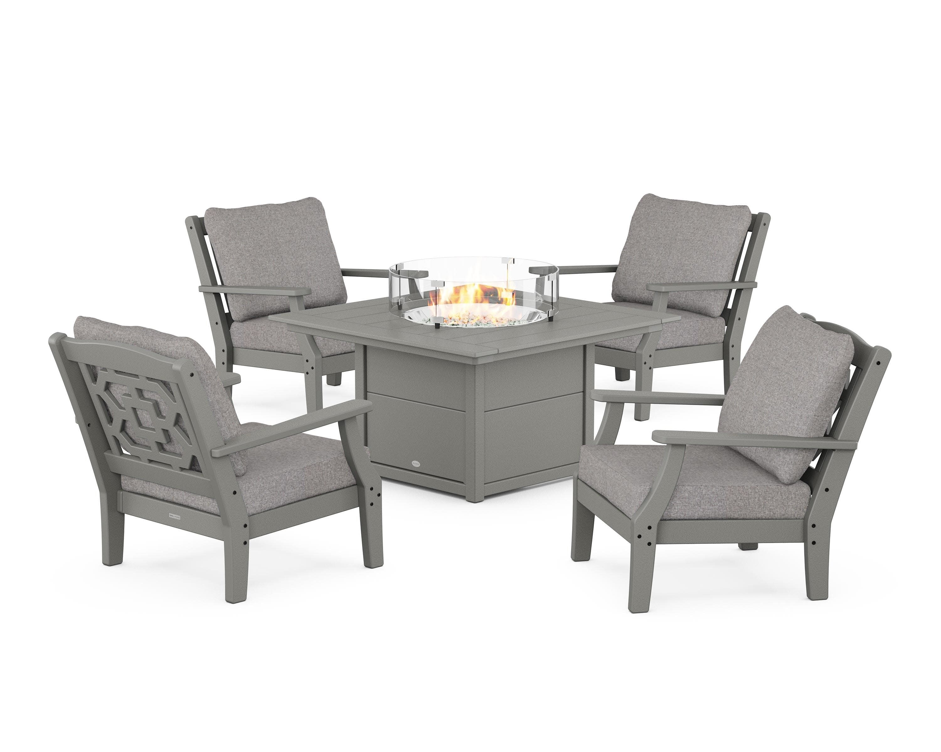 Chinoiserie 5-Piece Deep Seating Set with Fire Pit Table in Slate Grey / Grey Mist