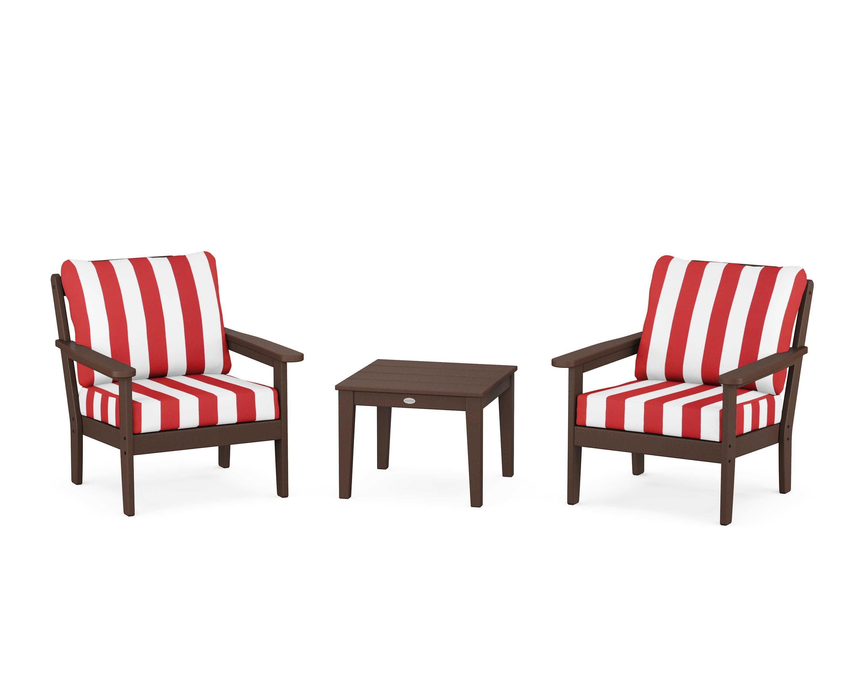 Cottage 3-Piece Deep Seating Set in Mahogany / Cabana Stripe Crimson