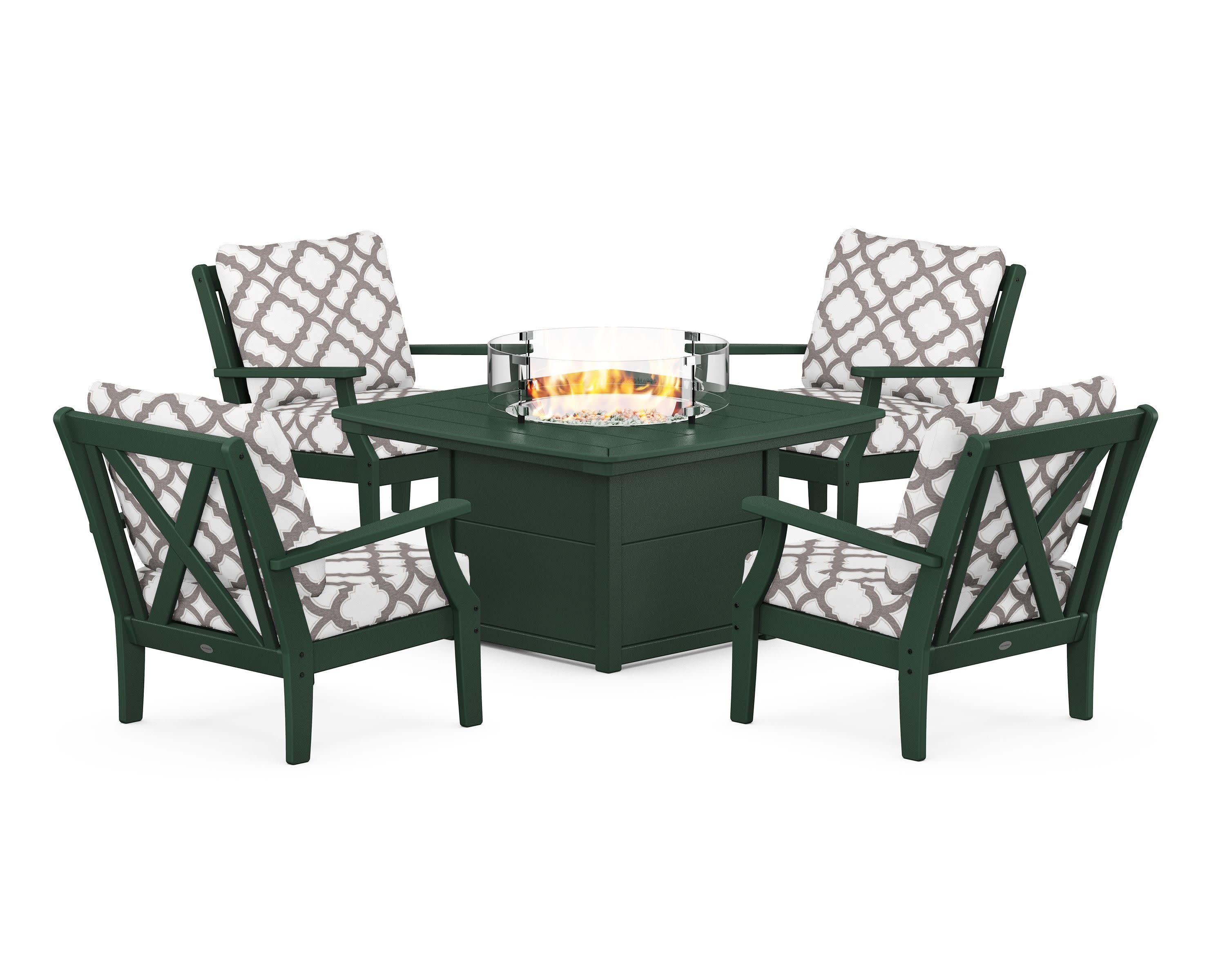 Braxton 5-Piece Deep Seating Conversation Set with Fire Pit Table in Green / Trellis Grey Mist