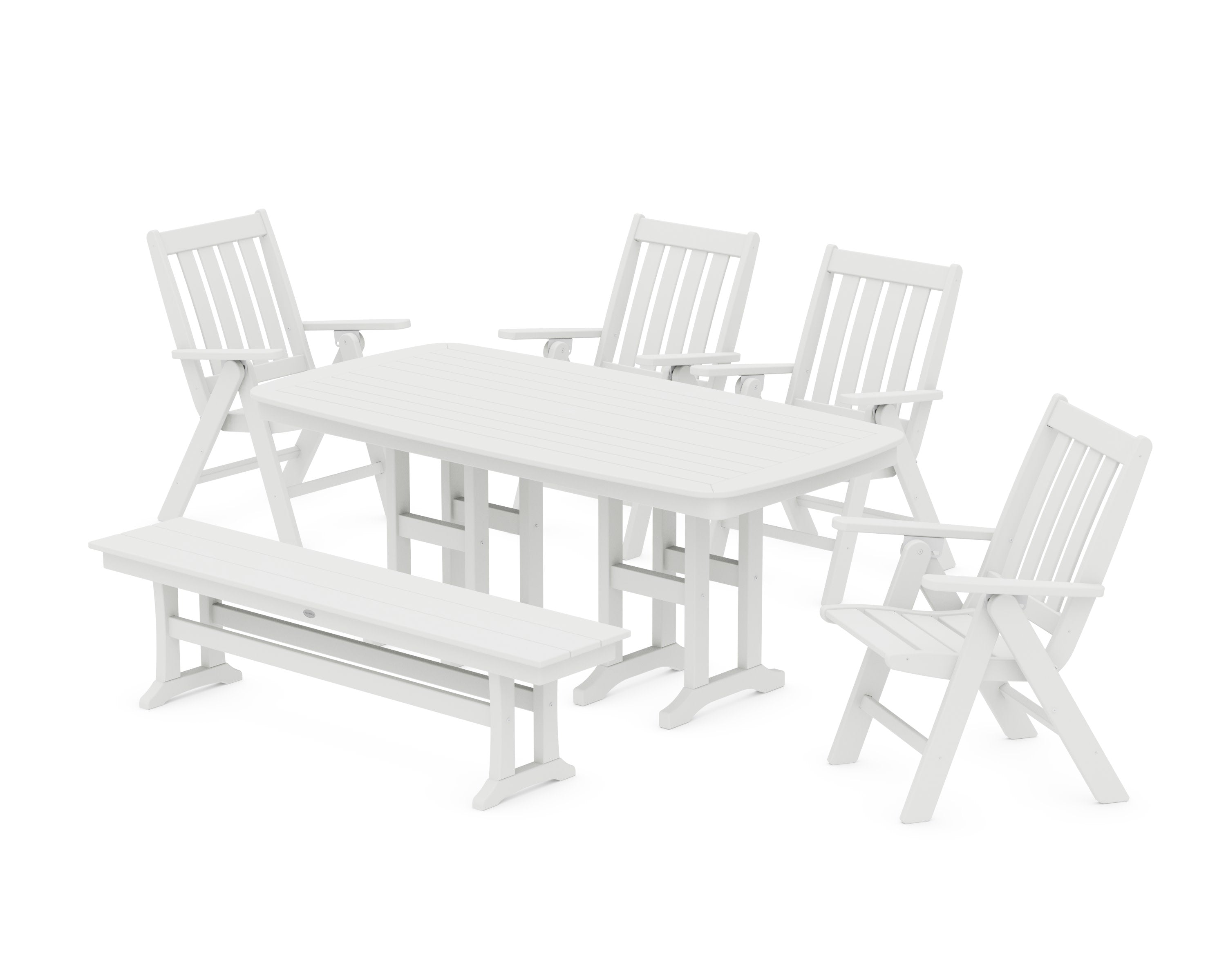 Vineyard Folding Chair 6-Piece Dining Set with Bench in White