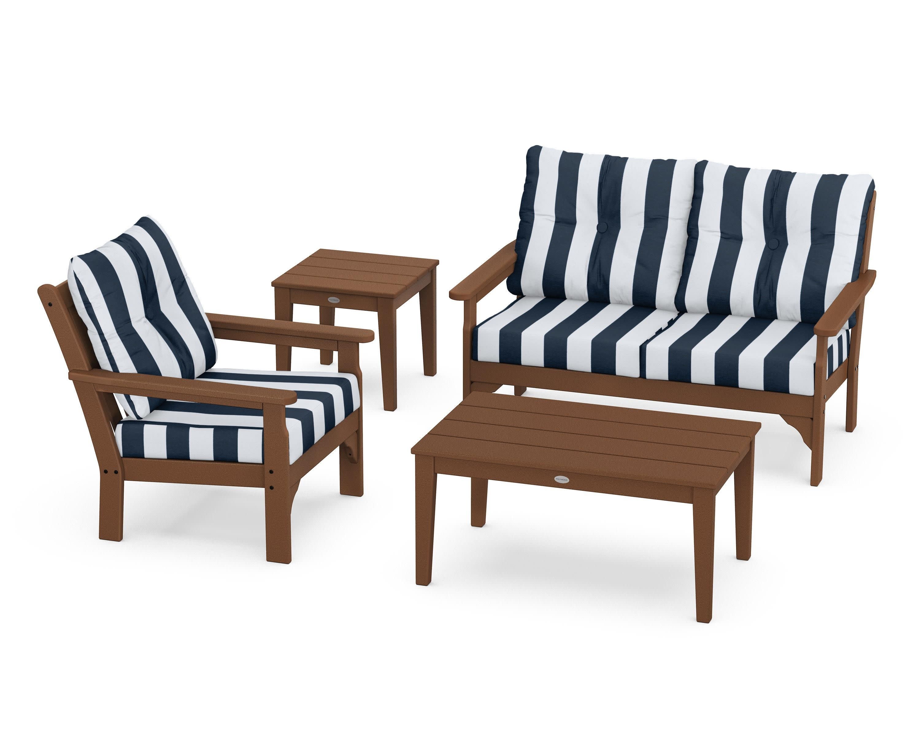 Vineyard 4-Piece Deep Seating Set in Teak / Cabana Stripe Marine Indigo