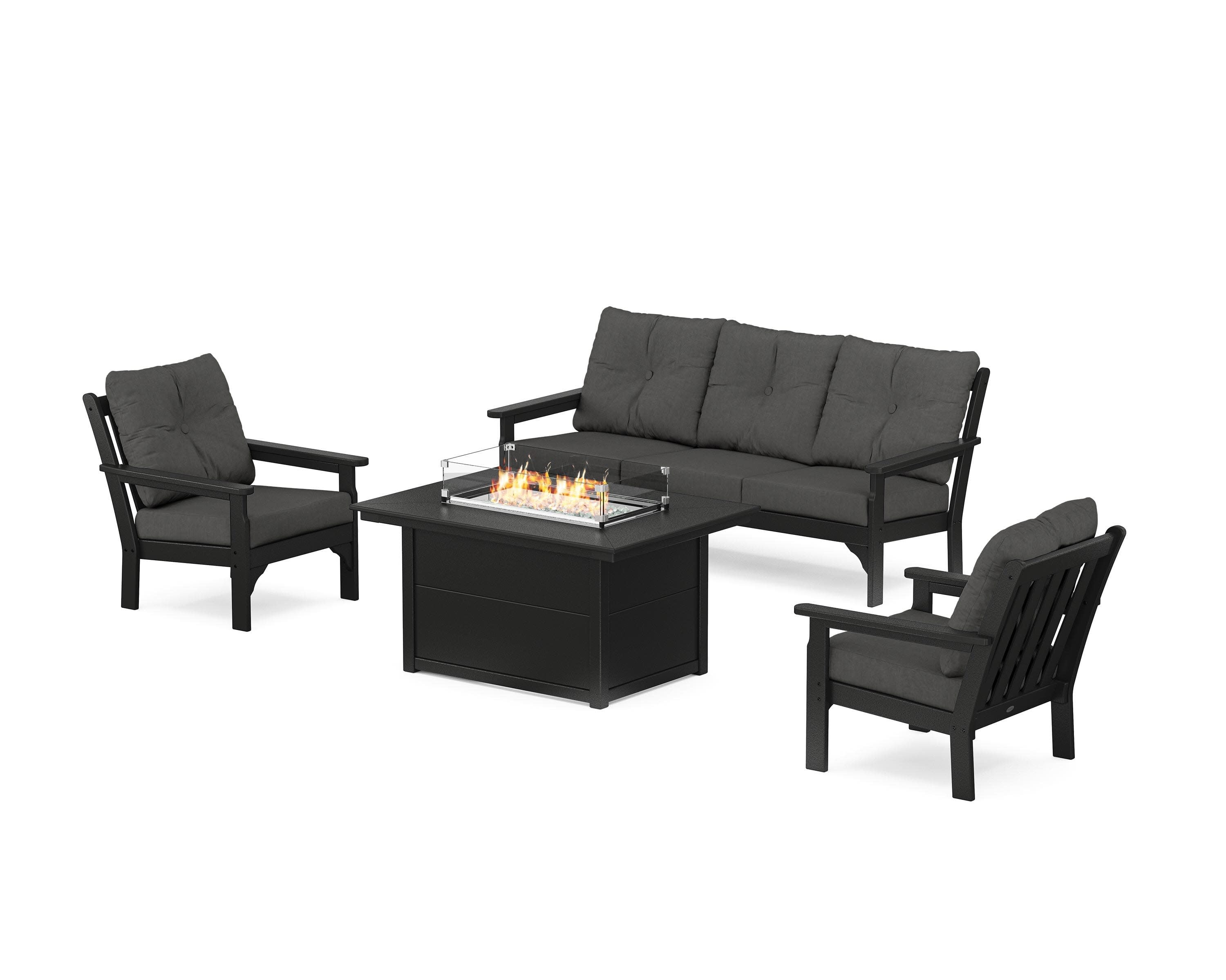 Vineyard Deep Seating Fire Pit Table Set in Black / Spectrum Carbon