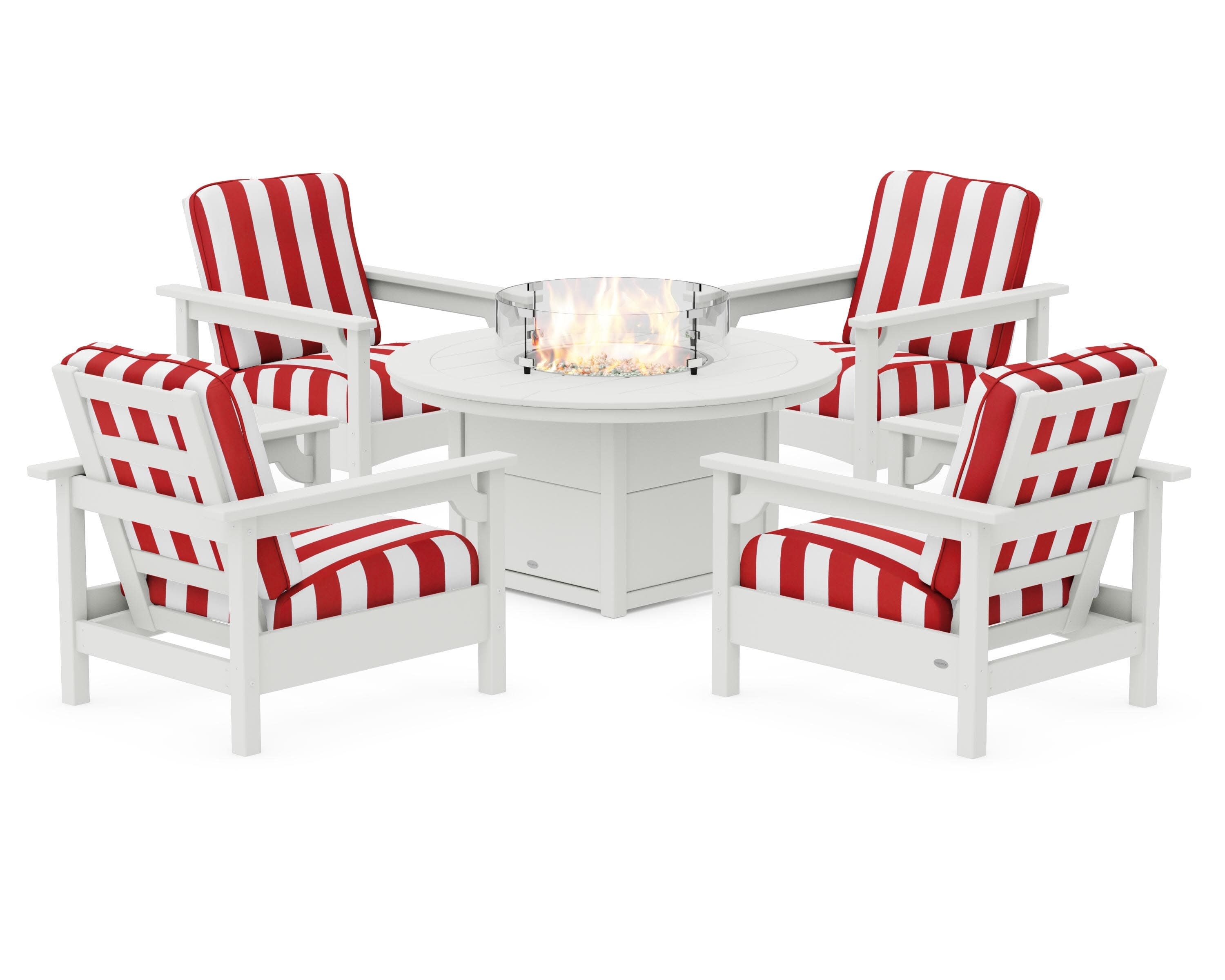 Club 5-Piece Conversation Set with Fire Pit Table in Vintage White / Cabana Stripe Crimson