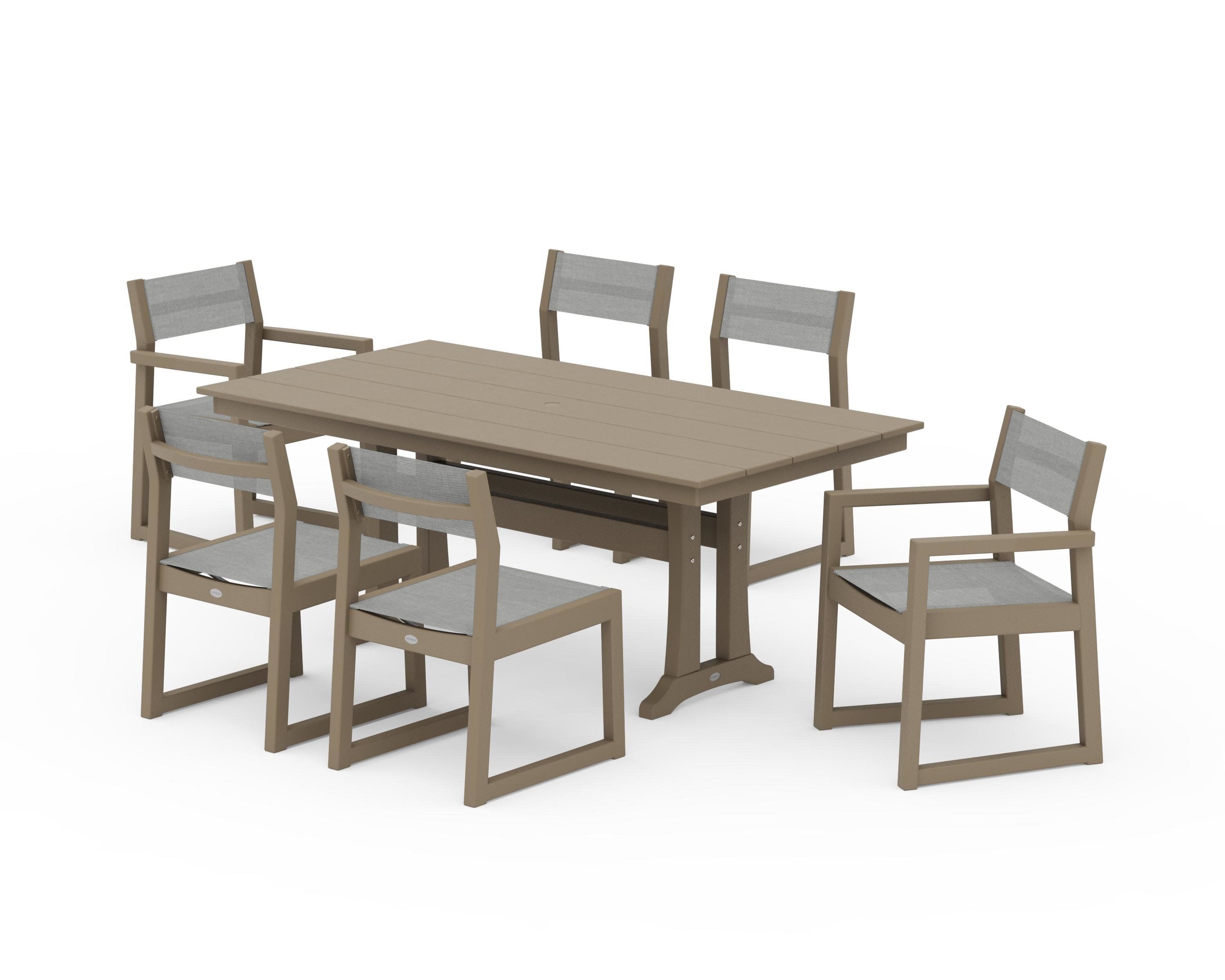 EDGE Sling 7-Piece Farmhouse Trestle Dining Set in Vintage Sahara / Metallic Sling