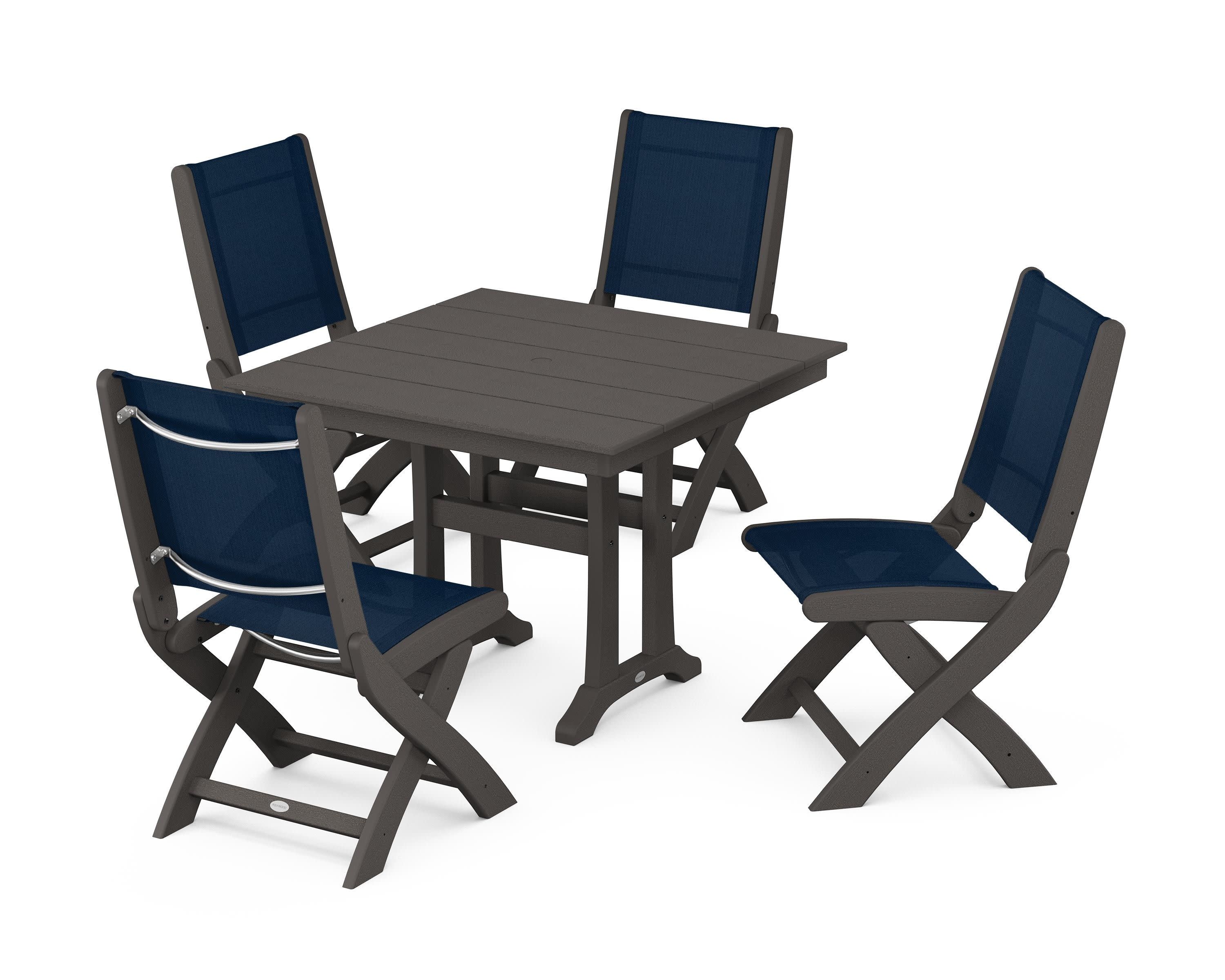 Coastal Folding Side Chair 5-Piece Farmhouse Dining Set With Trestle Legs in Vintage Coffee / Navy Blue Sling