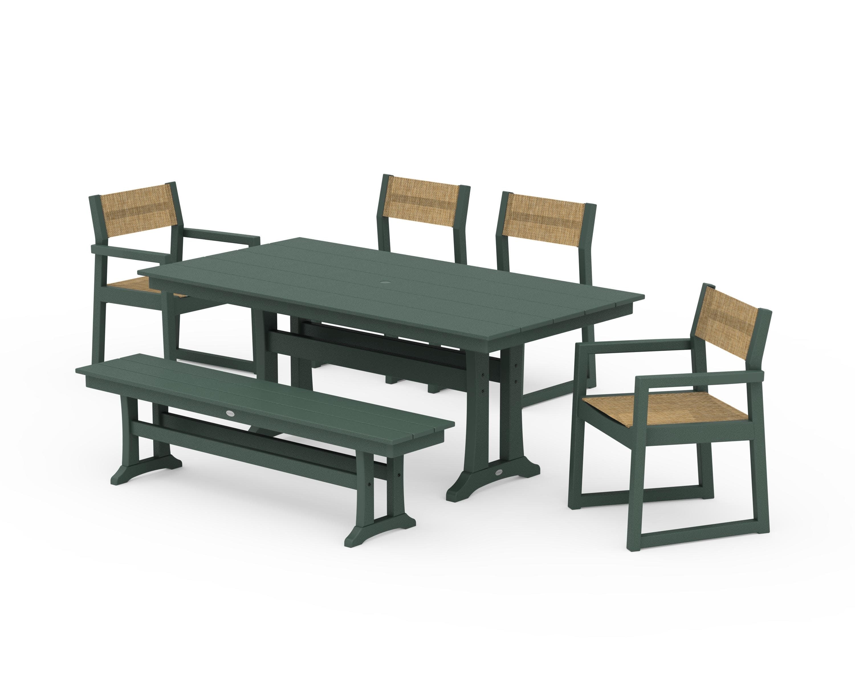 EDGE Sling 6-Piece Farmhouse Dining Set With Trestle Legs in Green / Burlap Sling