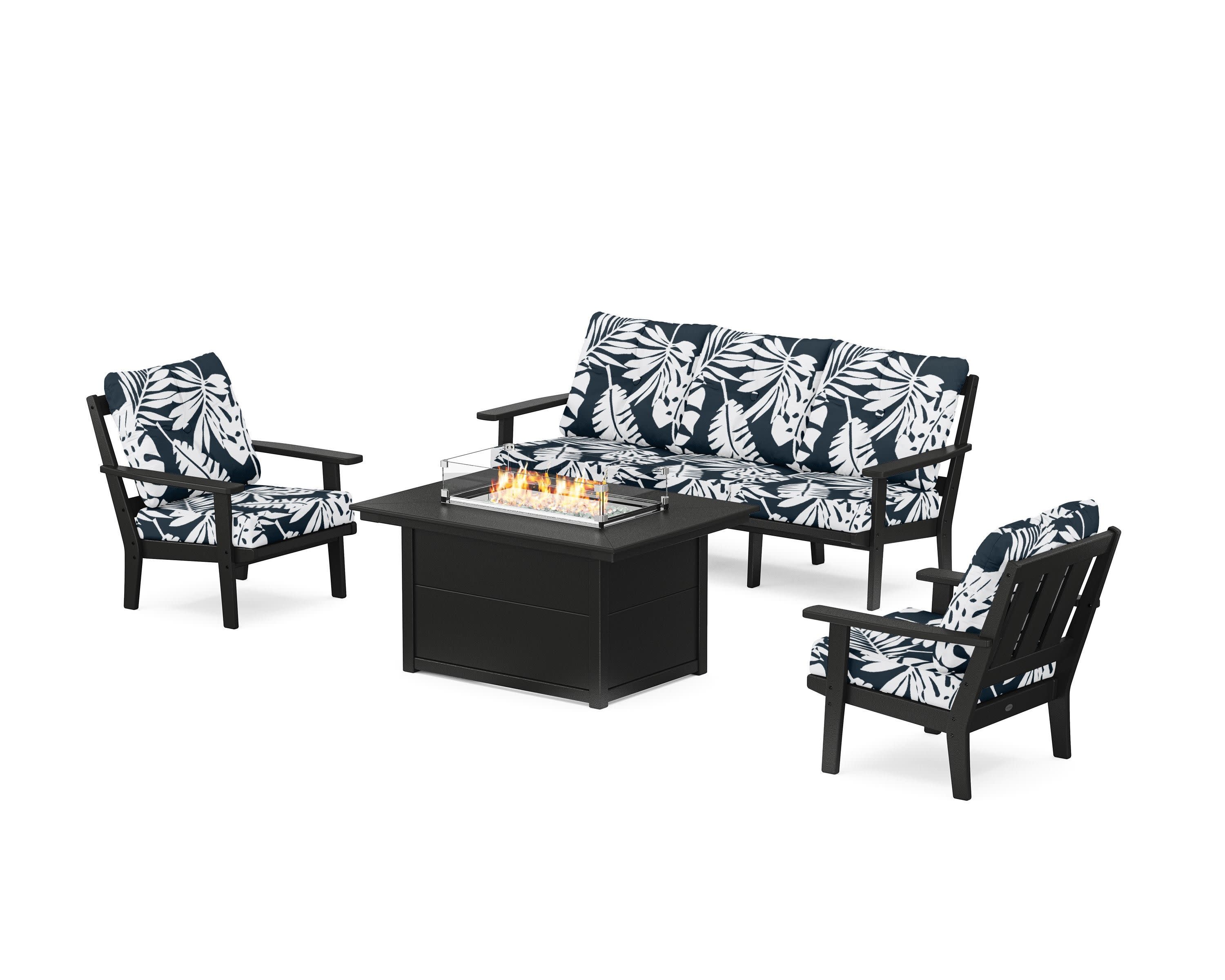 Oxford Deep Seating Fire Pit Table Set in Black / Leaf Marine Indigo