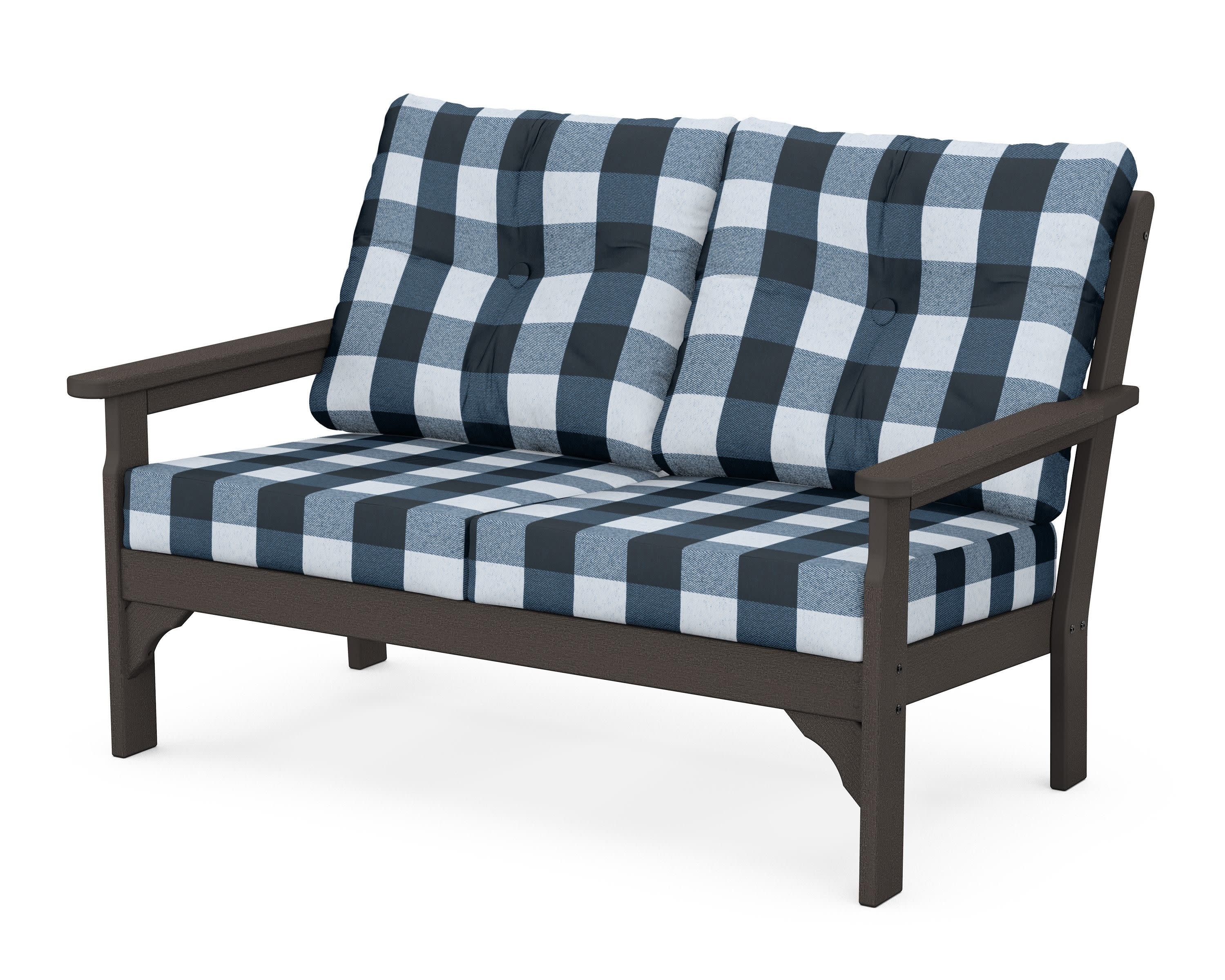 Vineyard Deep Seating Loveseat in Vintage Coffee / Buffalo Plaid Marine Indigo