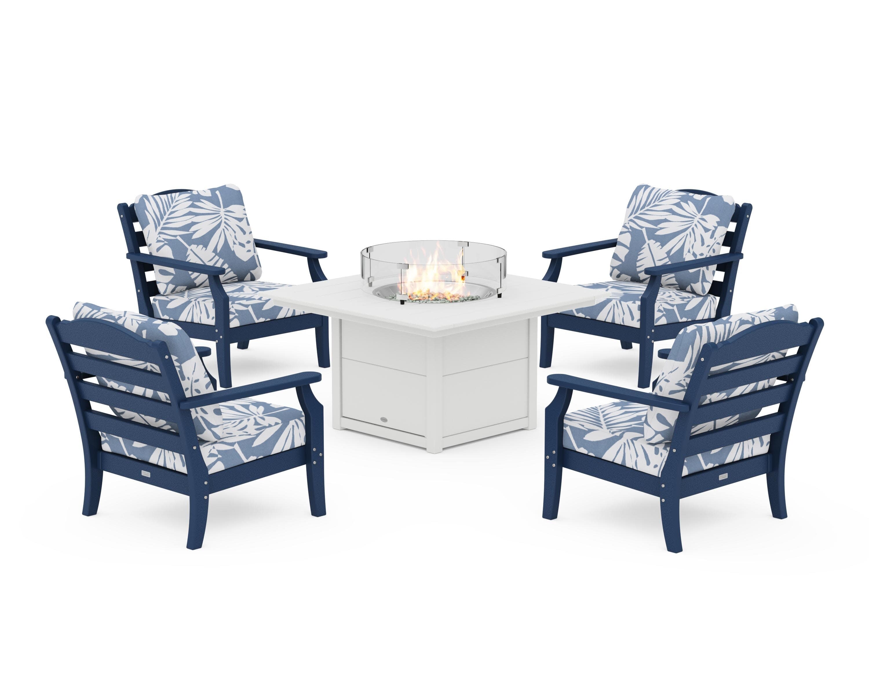 Savannah 5-Piece Deep Seating Set with Fire Pit Table in Navy / Leaf Sky Blue