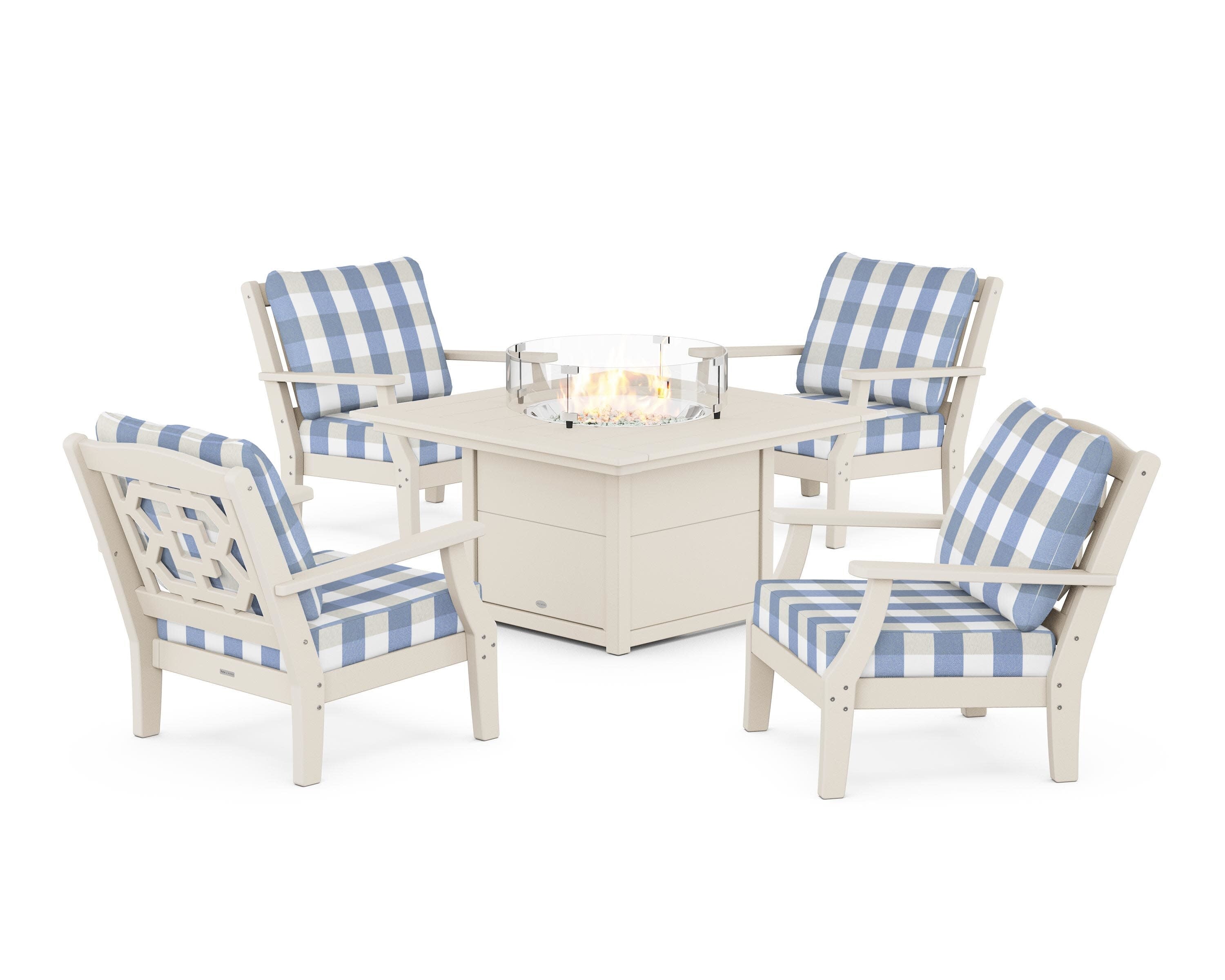 Chinoiserie 5-Piece Deep Seating Set with Fire Pit Table in Sand / Buffalo Plaid Sky Blue