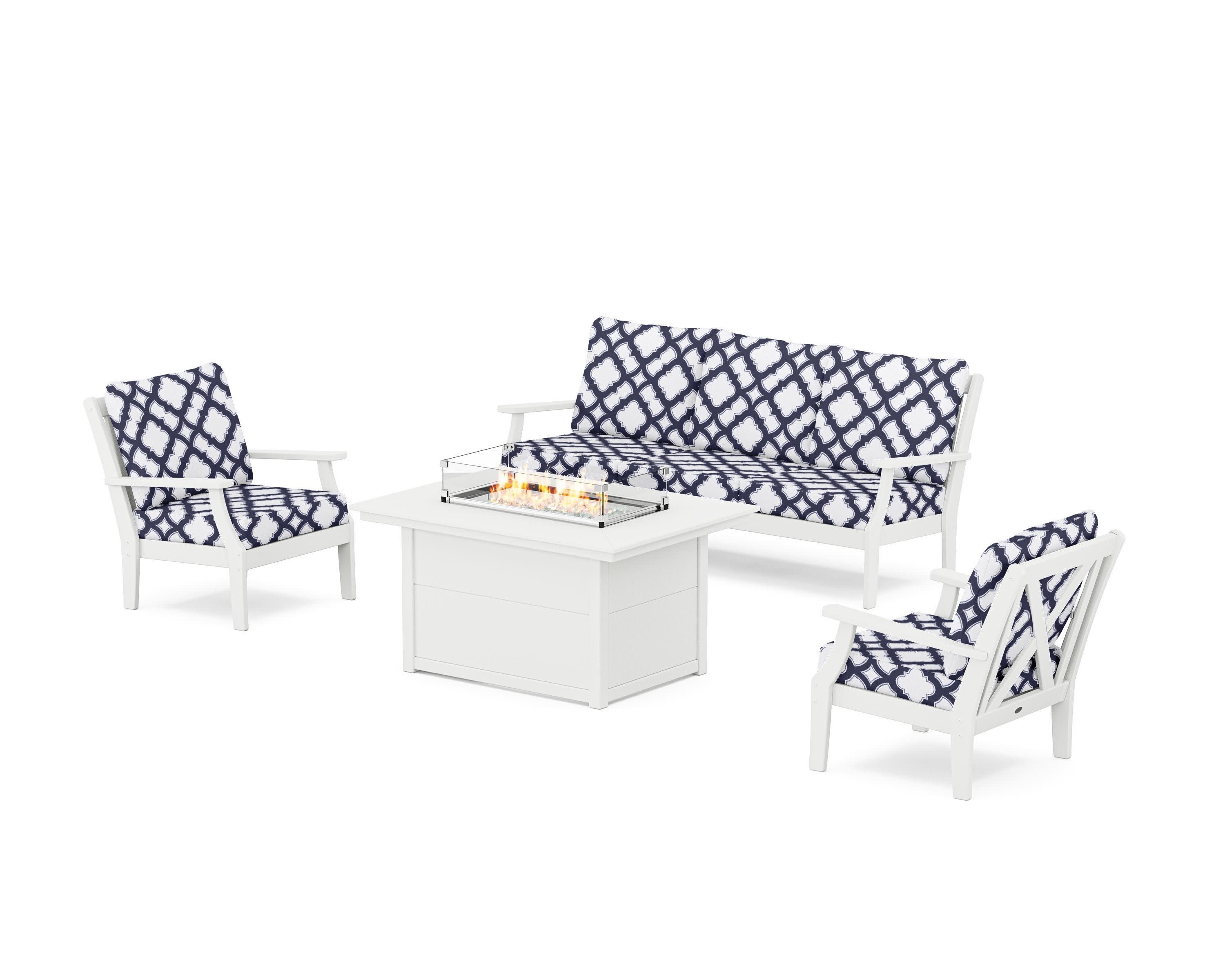 Braxton Deep Seating Fire Pit Table Set in White / Trellis Navy