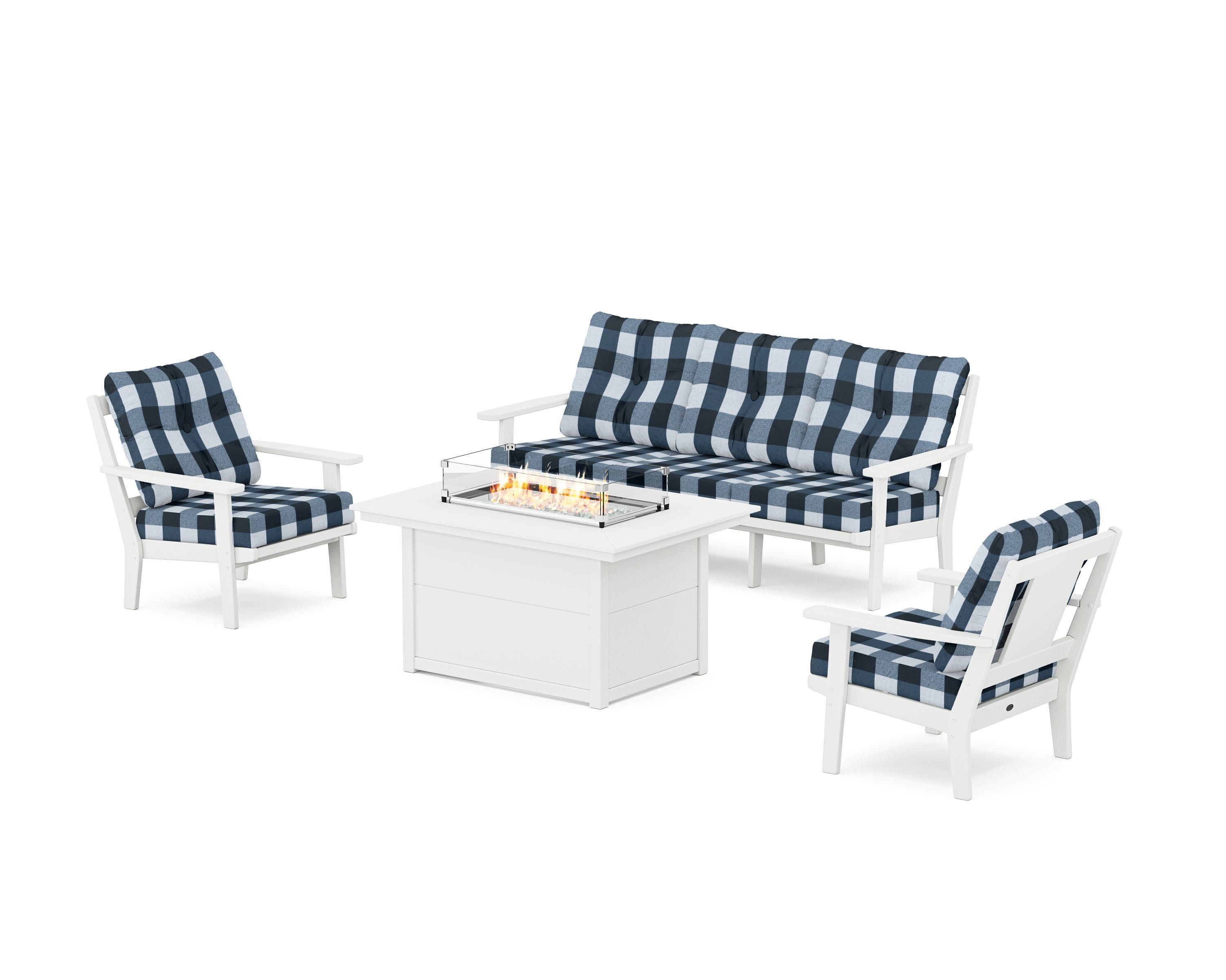 Prairie Deep Seating Fire Pit Table Set in White / Buffalo Plaid Marine Indigo