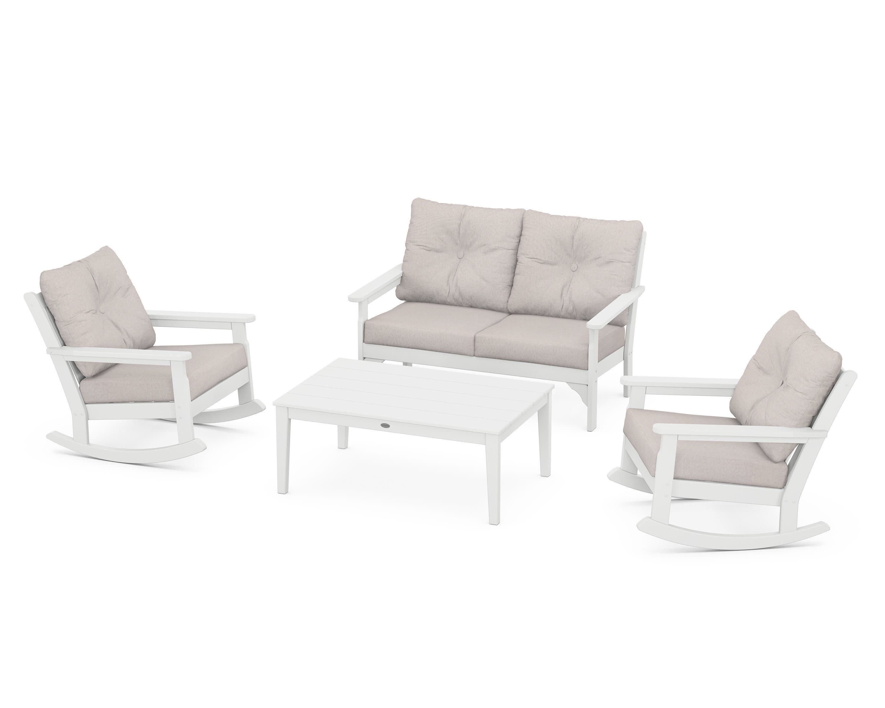 Vineyard 4-Piece Deep Seating Rocking Chair Set in White / Dune Burlap