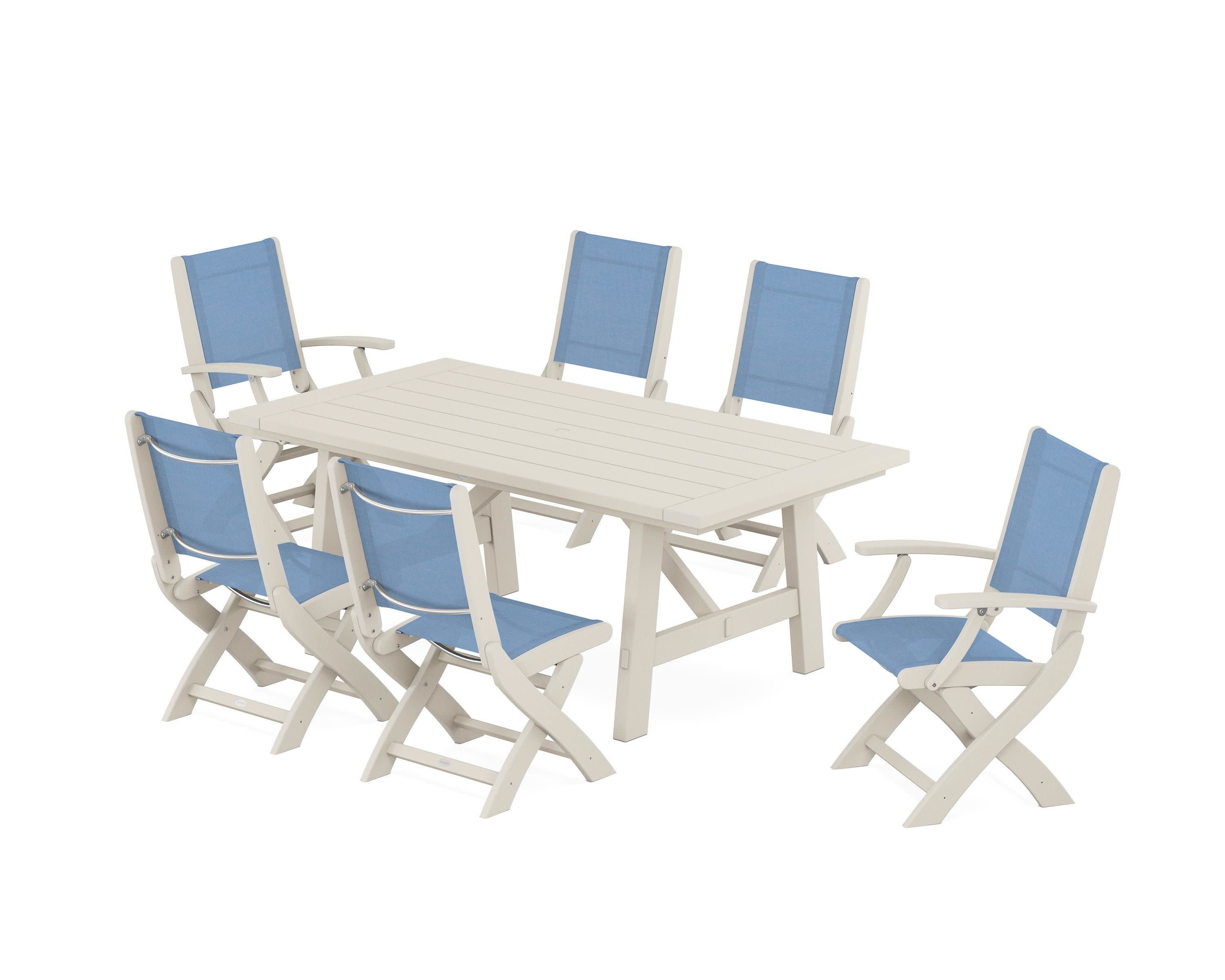 Coastal Folding Chair 7-Piece Rustic Farmhouse Dining Set in Sand / Poolside Sling