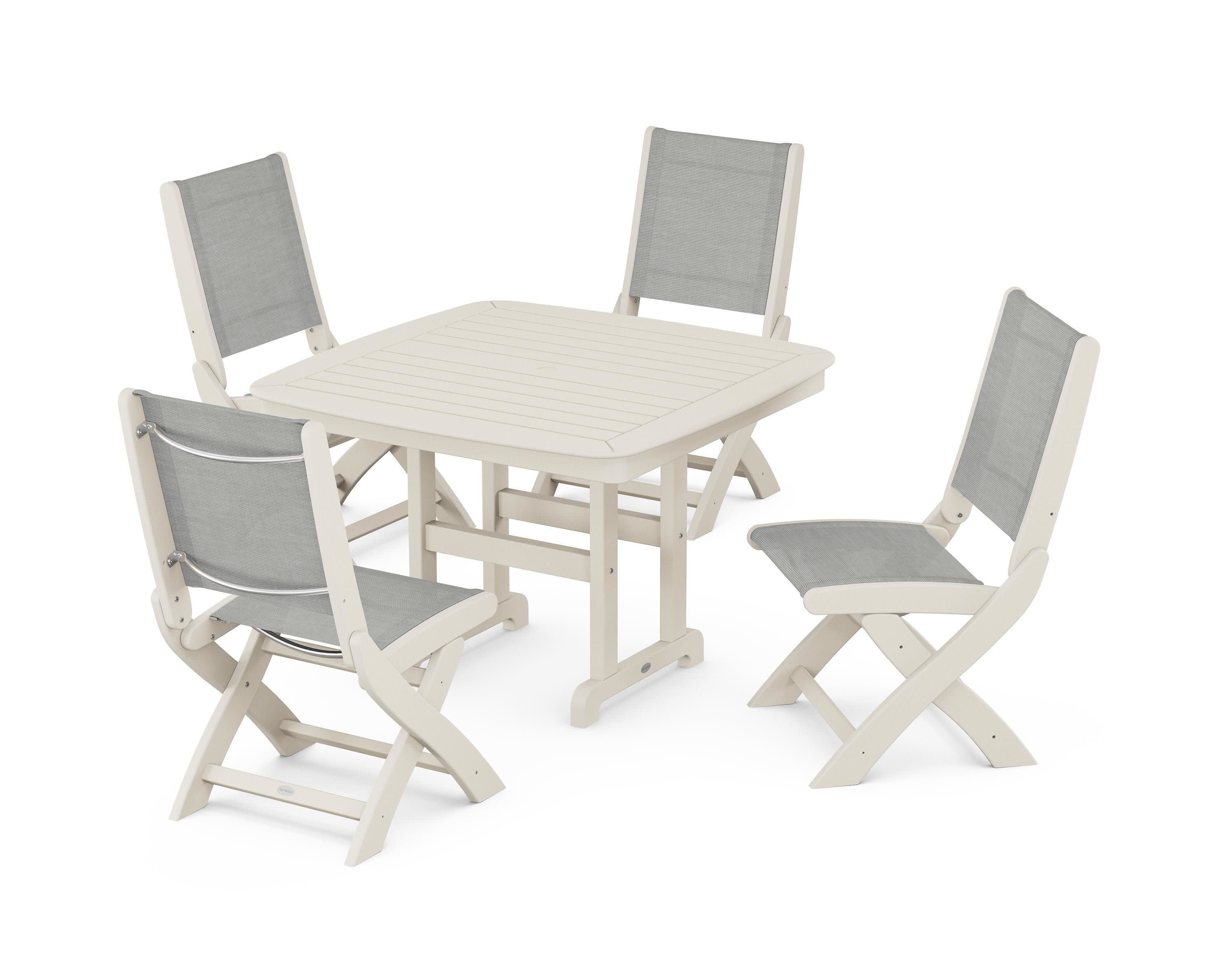 Coastal Folding Side Chair 5-Piece Dining Set in Sand / Metallic Sling