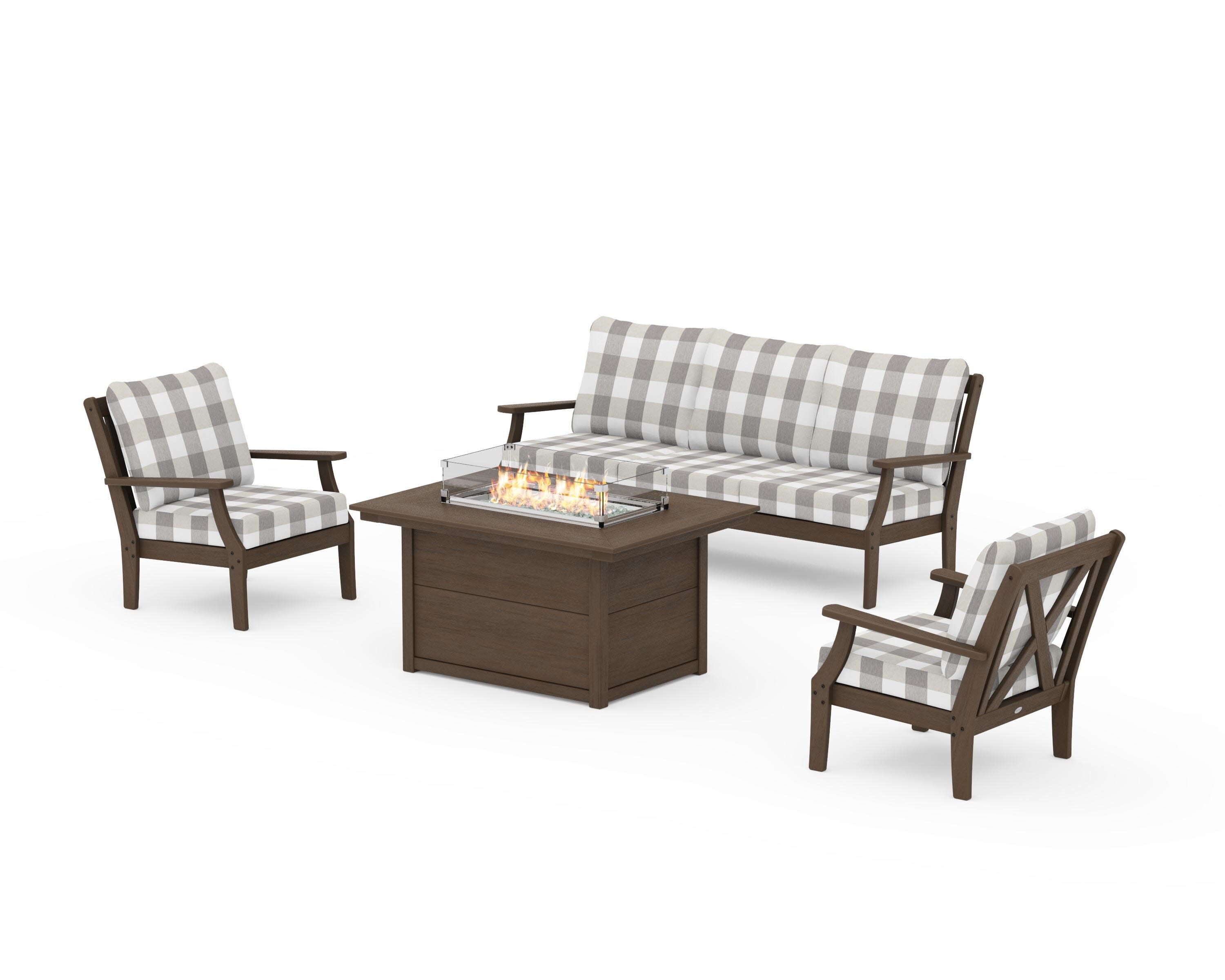 Braxton Deep Seating Fire Pit Table Set in Kona / Buffalo Plaid Grey Mist