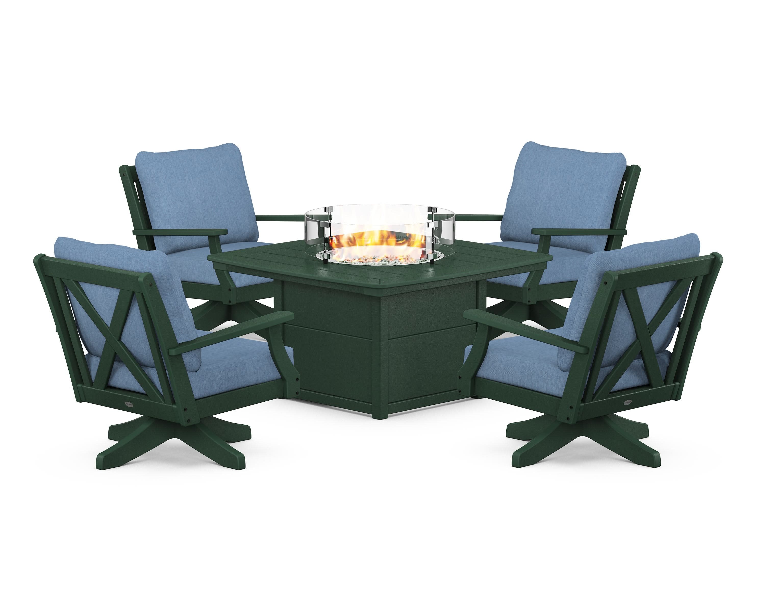 Braxton 5-Piece Deep Seating Swivel Conversation Set with Fire Pit Table in Green / Sky Blue