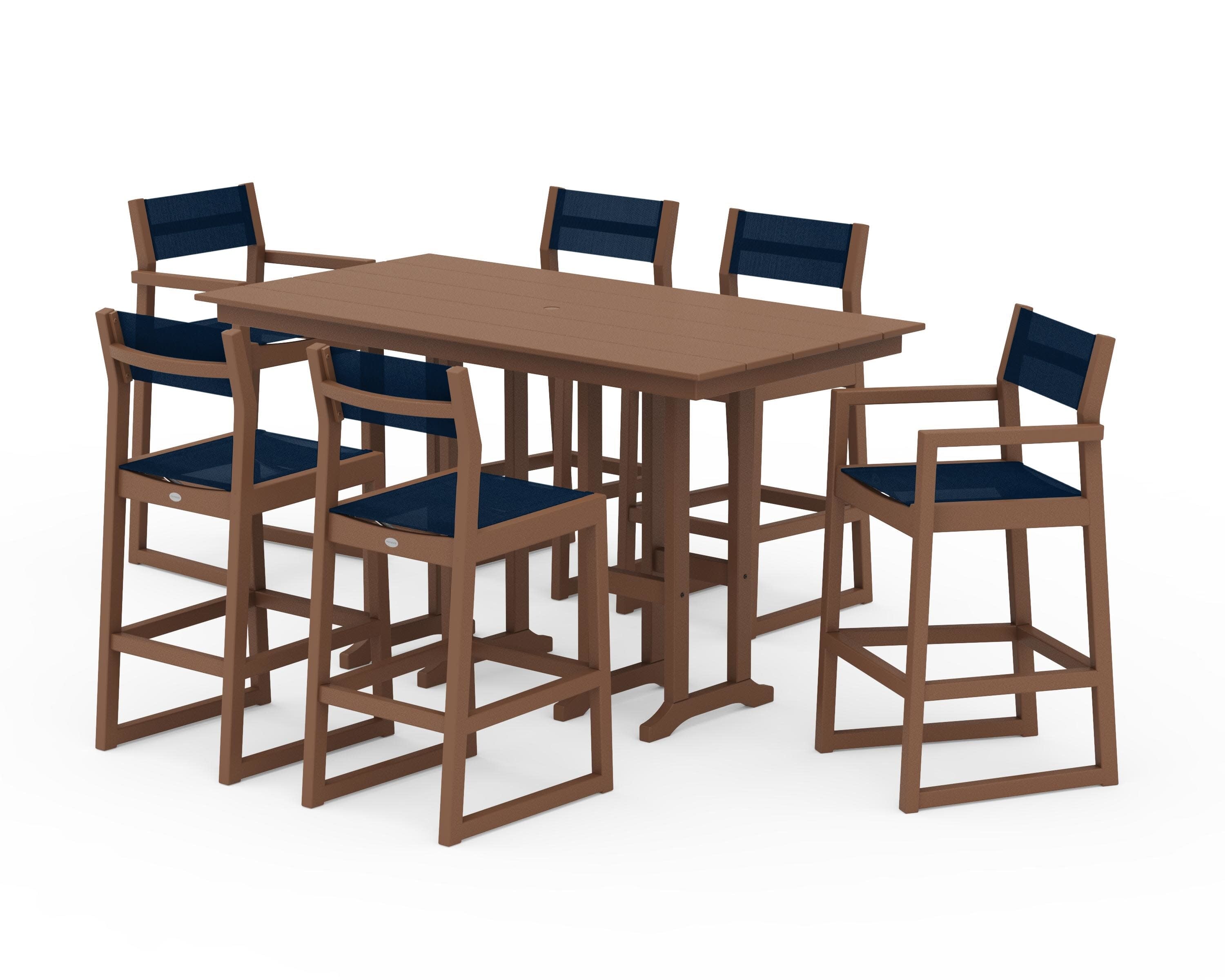 EDGE Sling 7-Piece Farmhouse Bar Set in Teak / Navy Blue Sling