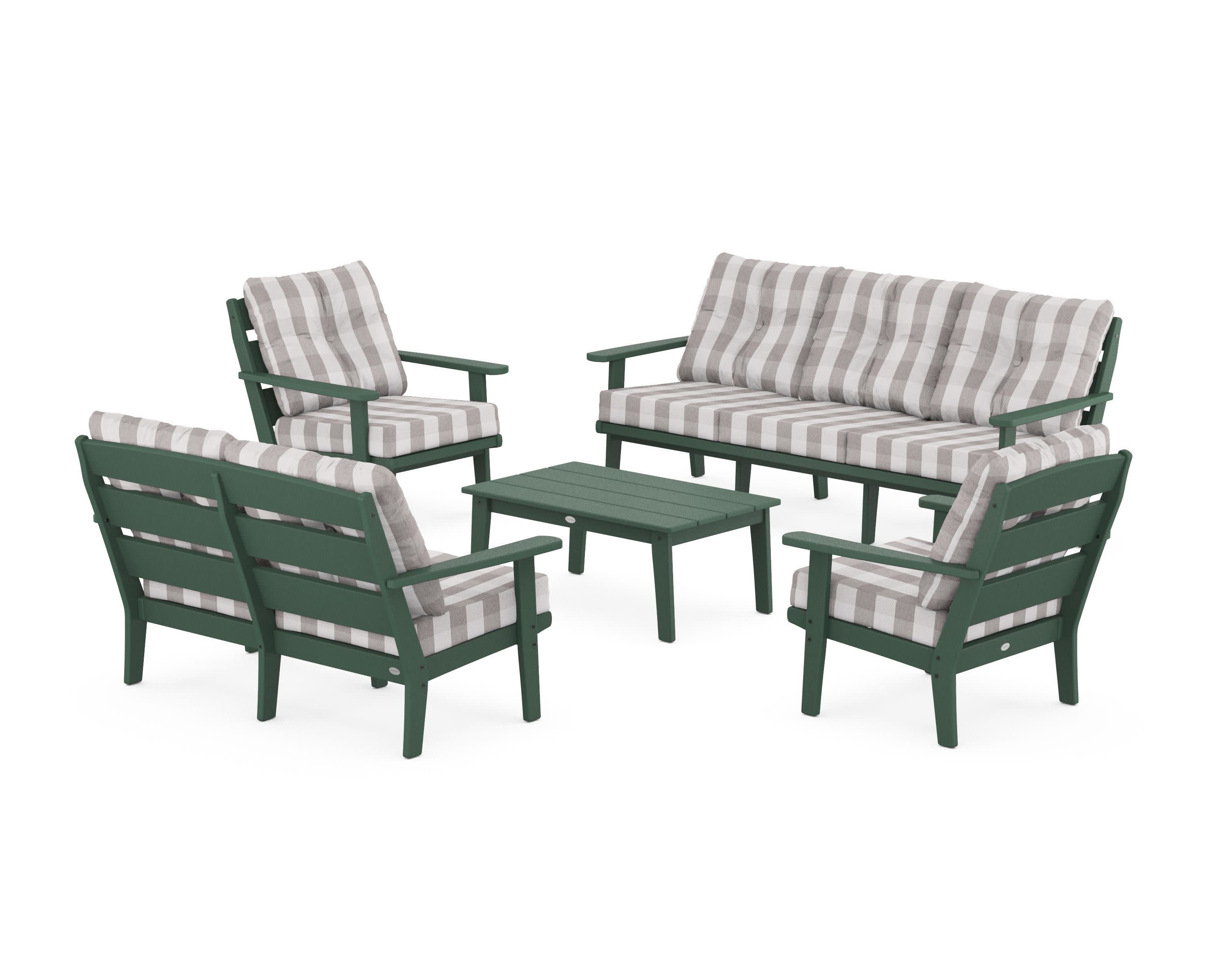 Lakeside 5-Piece Lounge Sofa Set in Green / Buffalo Plaid Grey Mist
