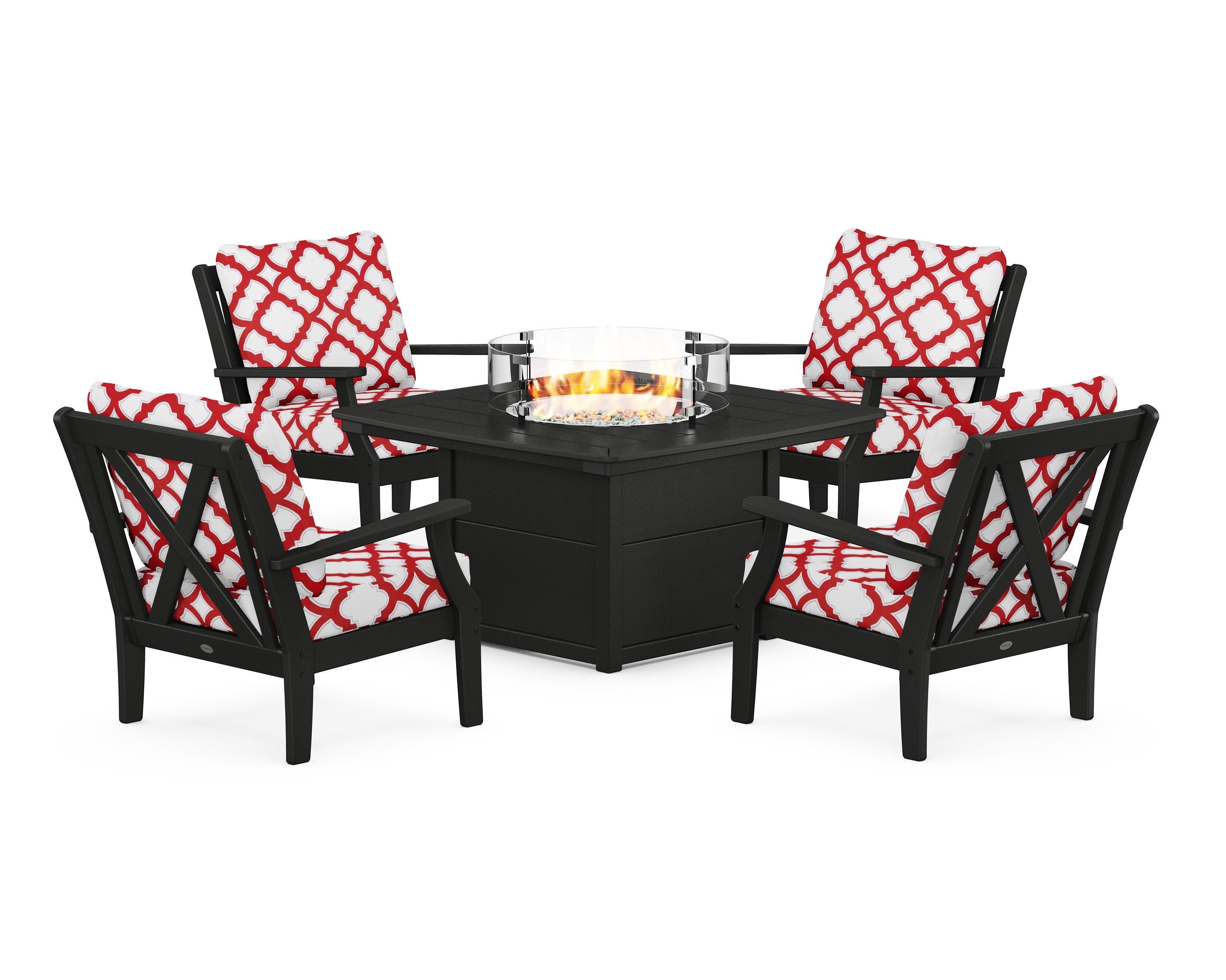 Braxton 5-Piece Deep Seating Conversation Set with Fire Pit Table in Black / Trellis Crimson