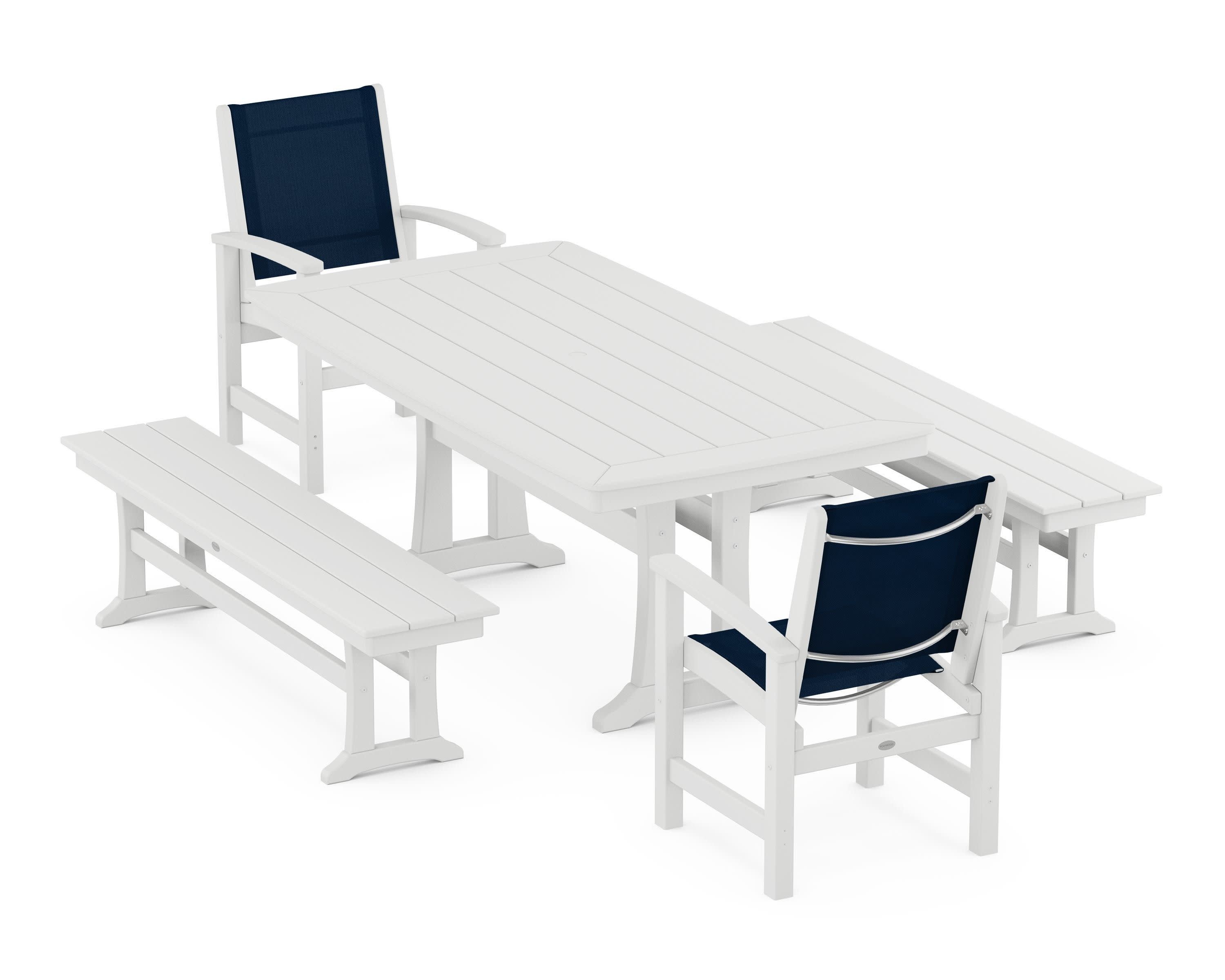 Coastal 5-Piece Dining Set with Trestle Legs and Benches in White / Navy Blue Sling