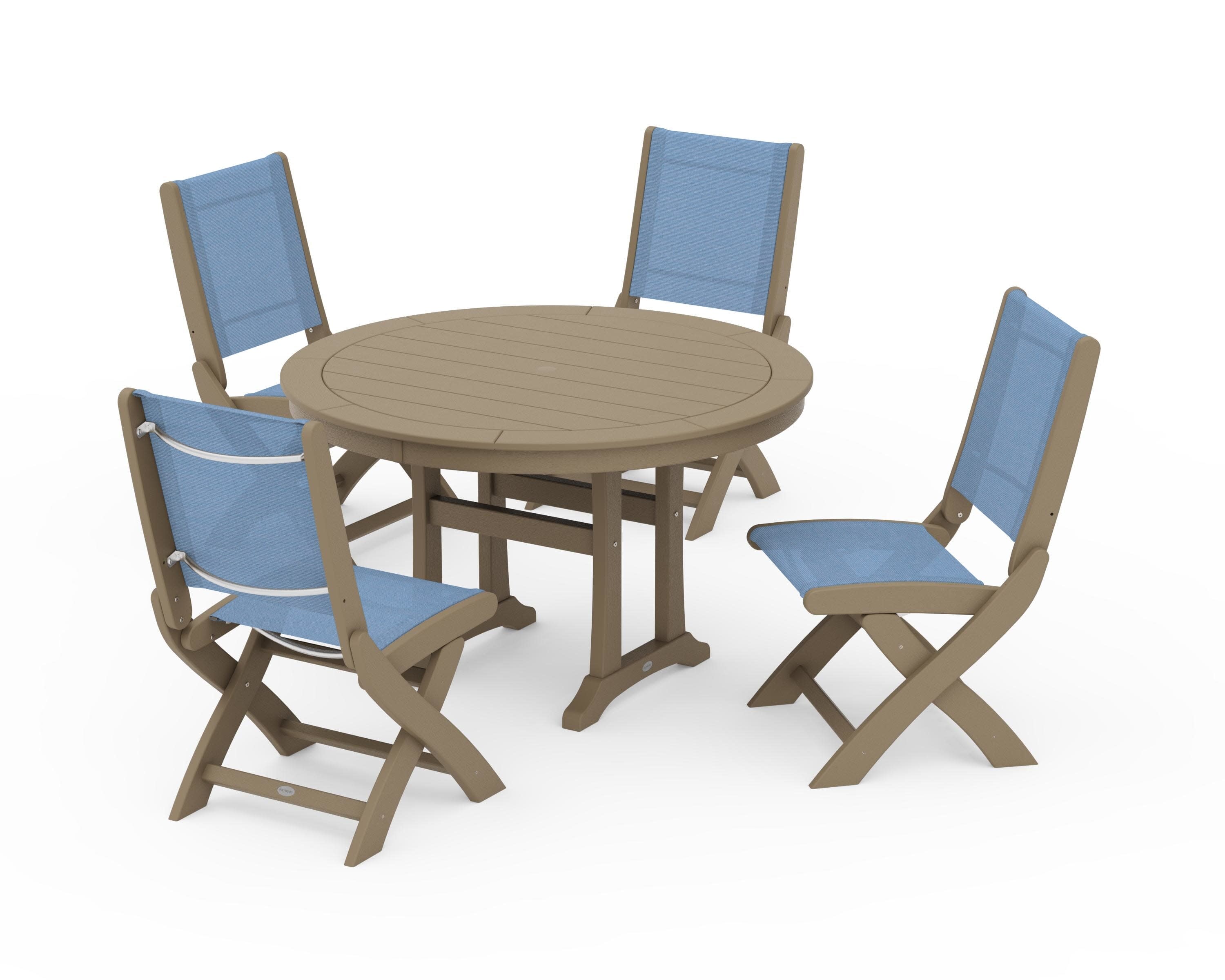 Coastal Folding Side Chair 5-Piece Round Dining Set With Trestle Legs in Vintage Sahara / Poolside Sling