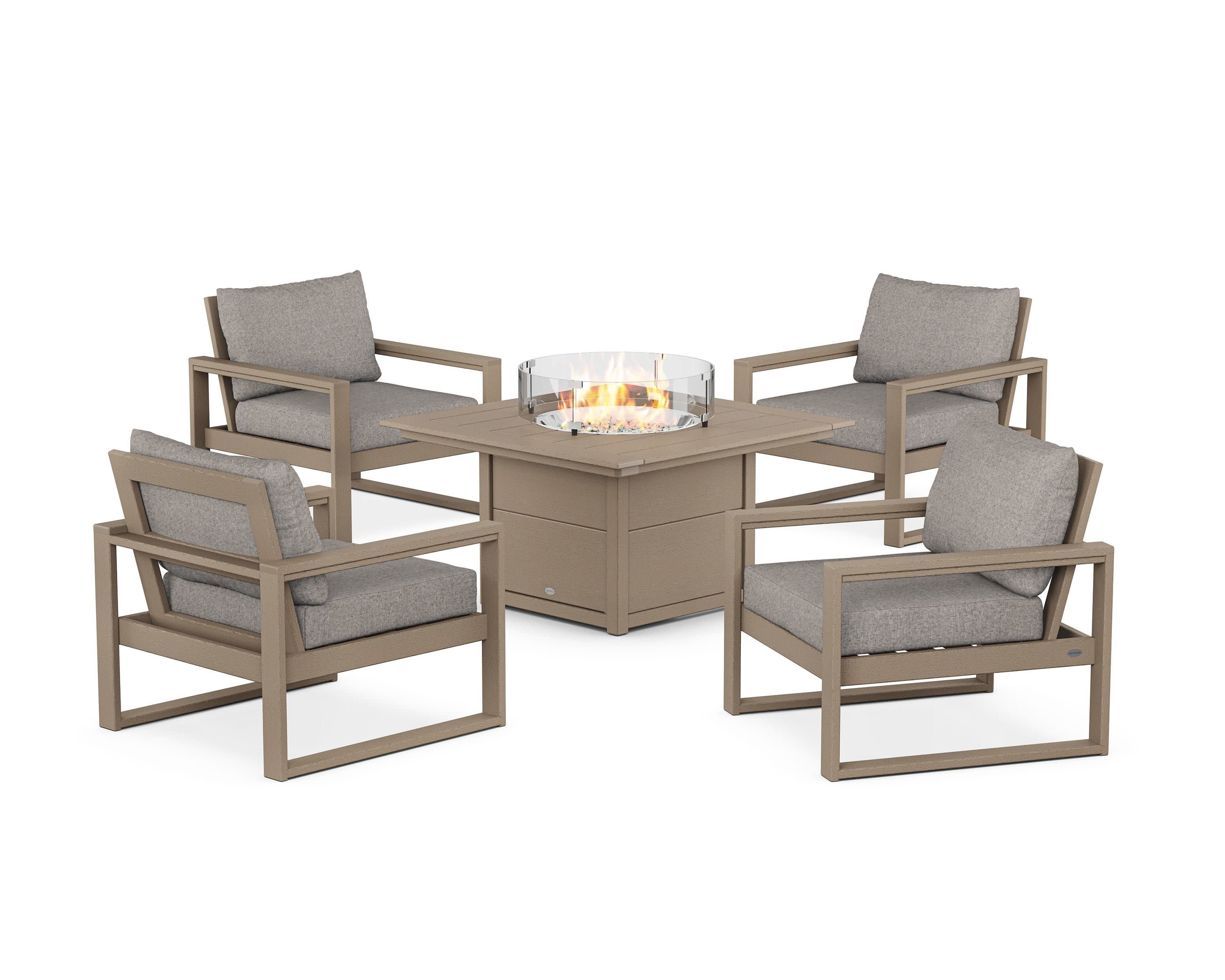EDGE Sectional 5-Piece Deep Seating Set with Fire Pit Table in Vintage Sahara / Weathered Tweed