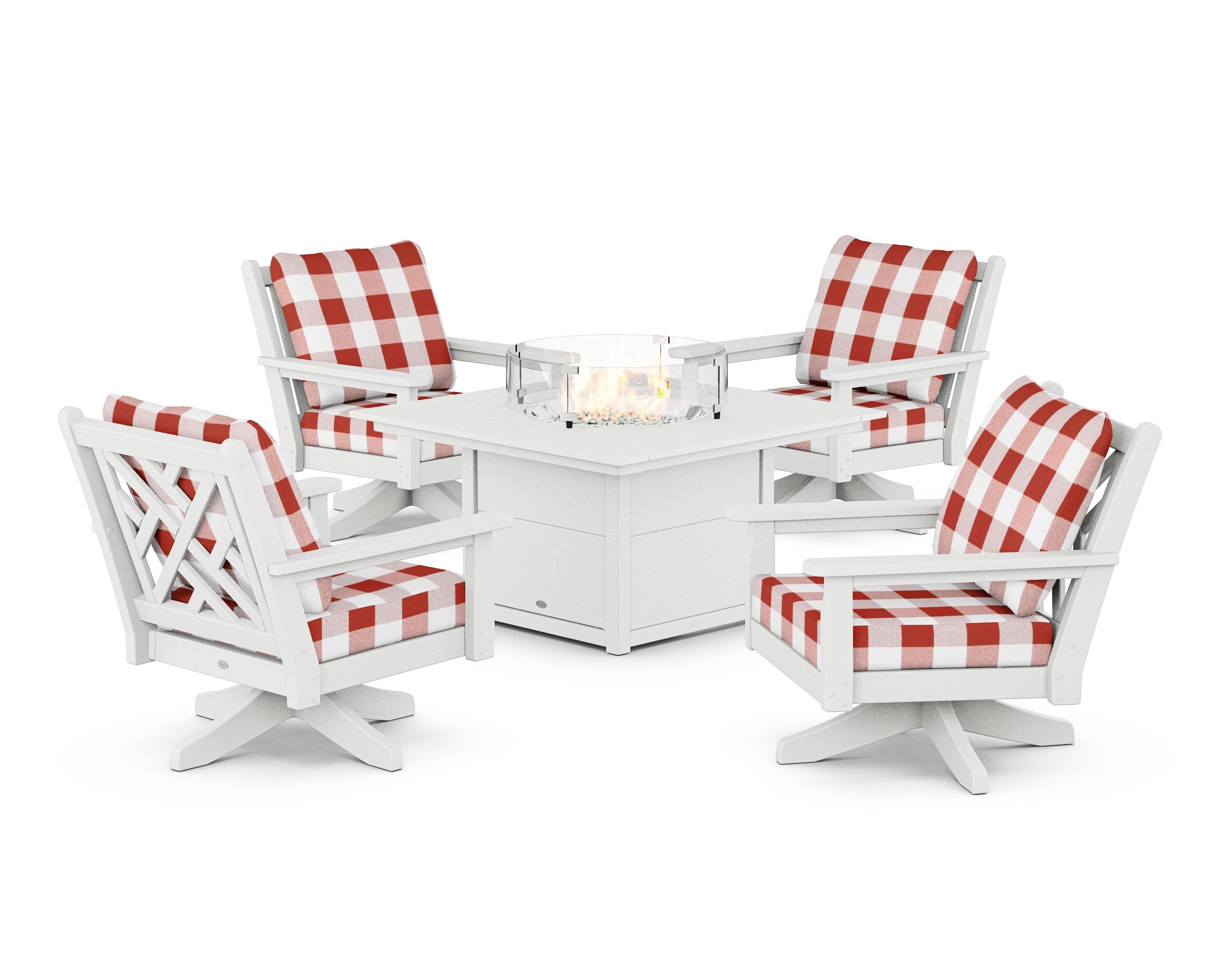 Chippendale 5-Piece Deep Seating Swivel Conversation Set with Fire Pit Table in White / Buffalo Plaid Crimson