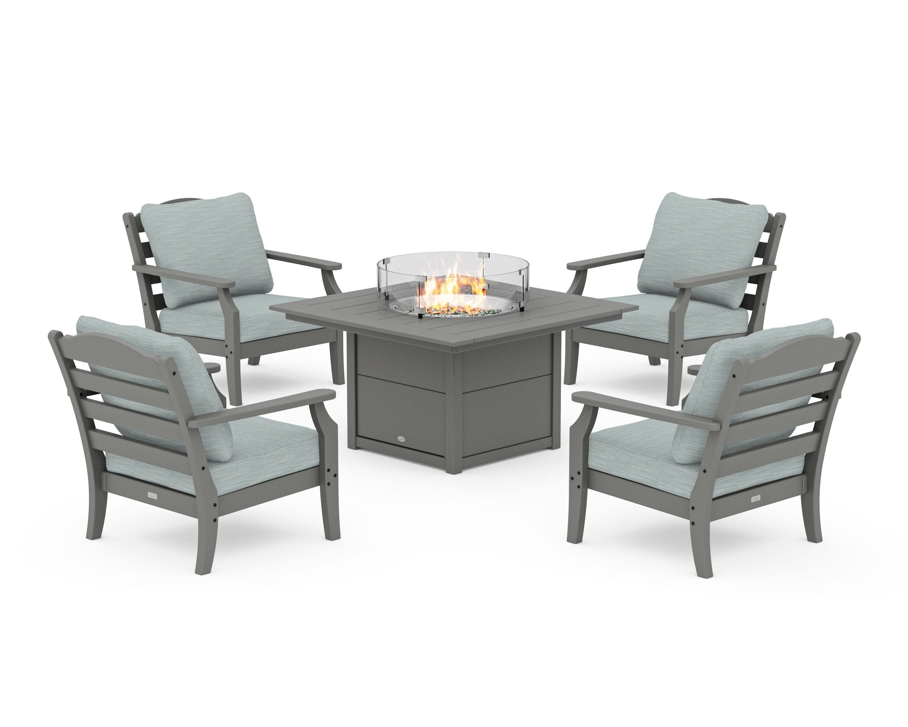Savannah 5-Piece Deep Seating Set with Fire Pit Table in Slate Grey / Soothe Mist