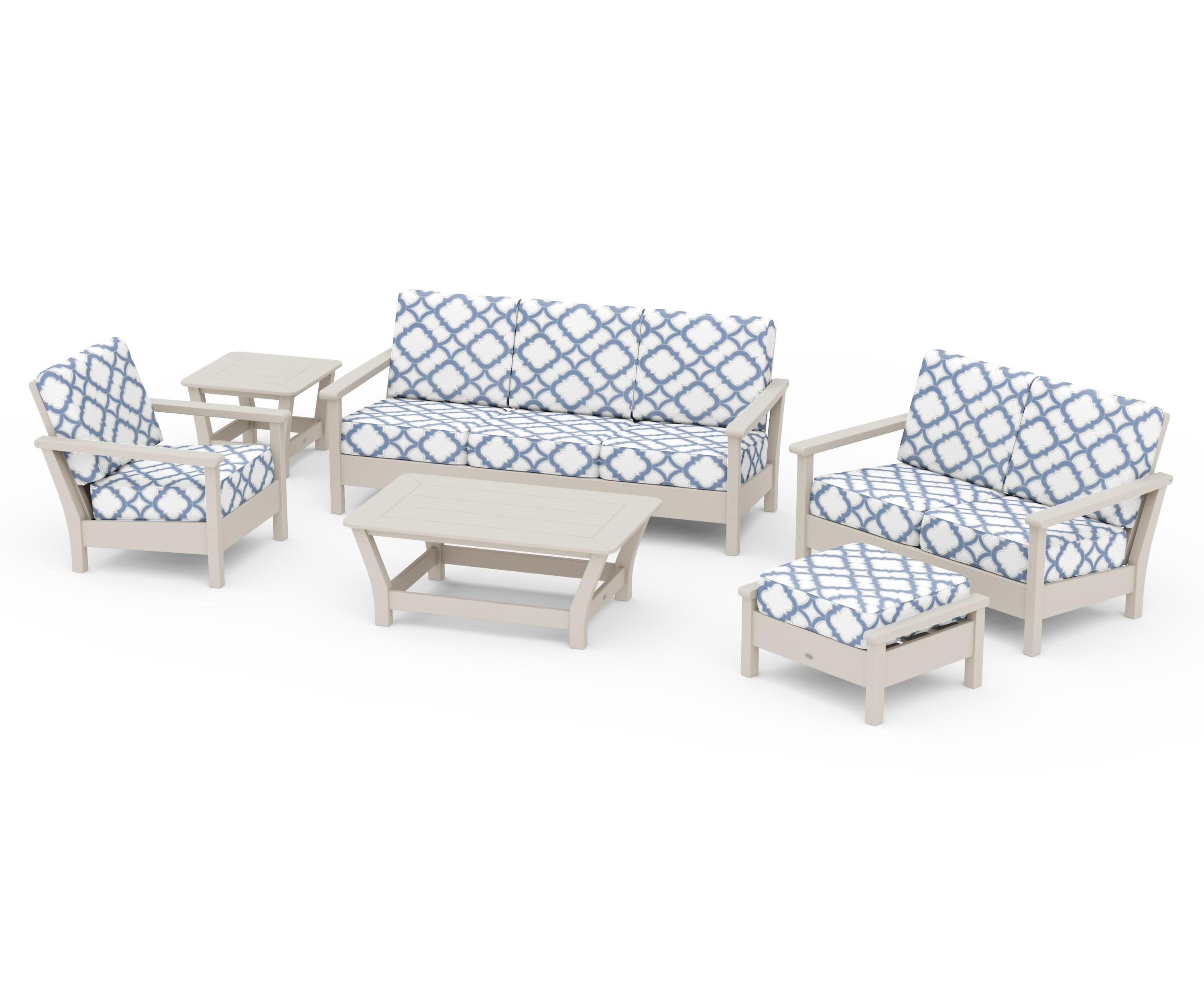 Harbour 6-Piece Outdoor Living Set in Sand / Trellis Sky Blue