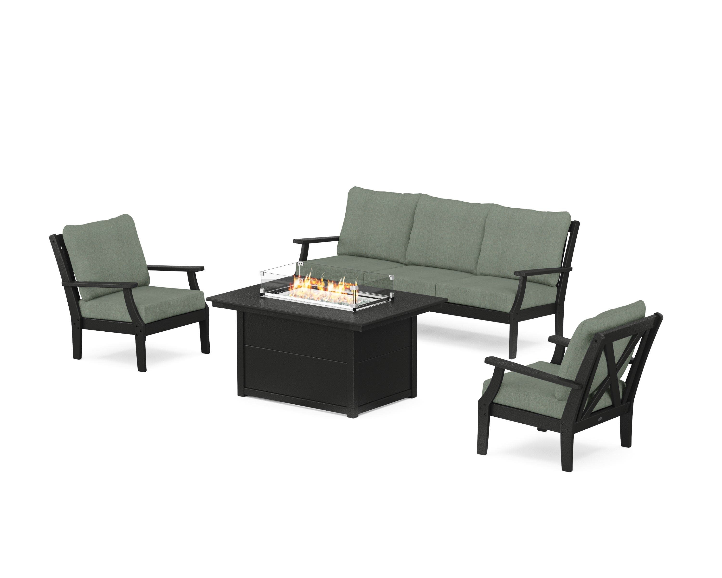 Braxton Deep Seating Fire Pit Table Set in Black / Cast Sage
