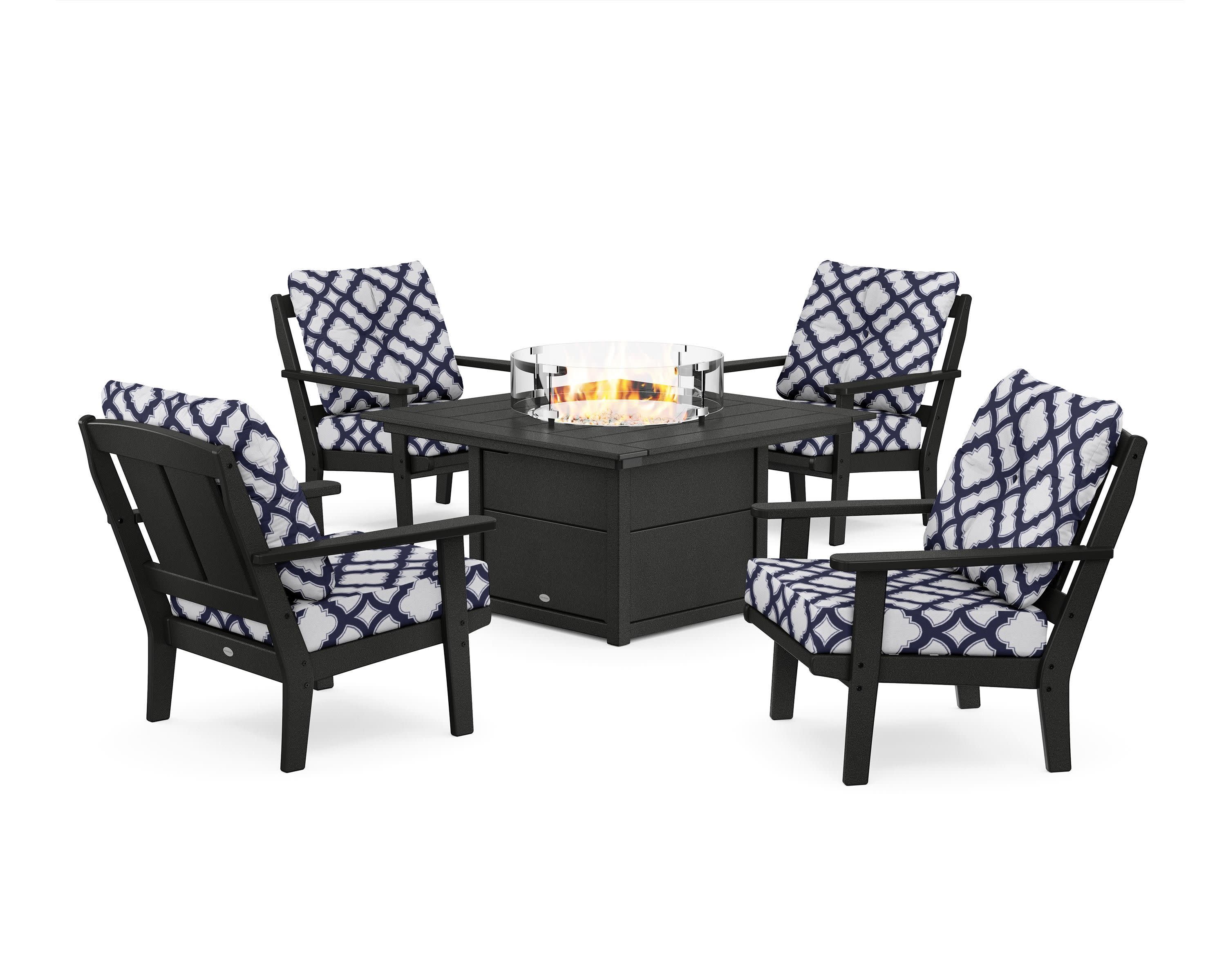 Mission 5-Piece Deep Seating Set with Fire Pit Table in Black / Trellis Navy