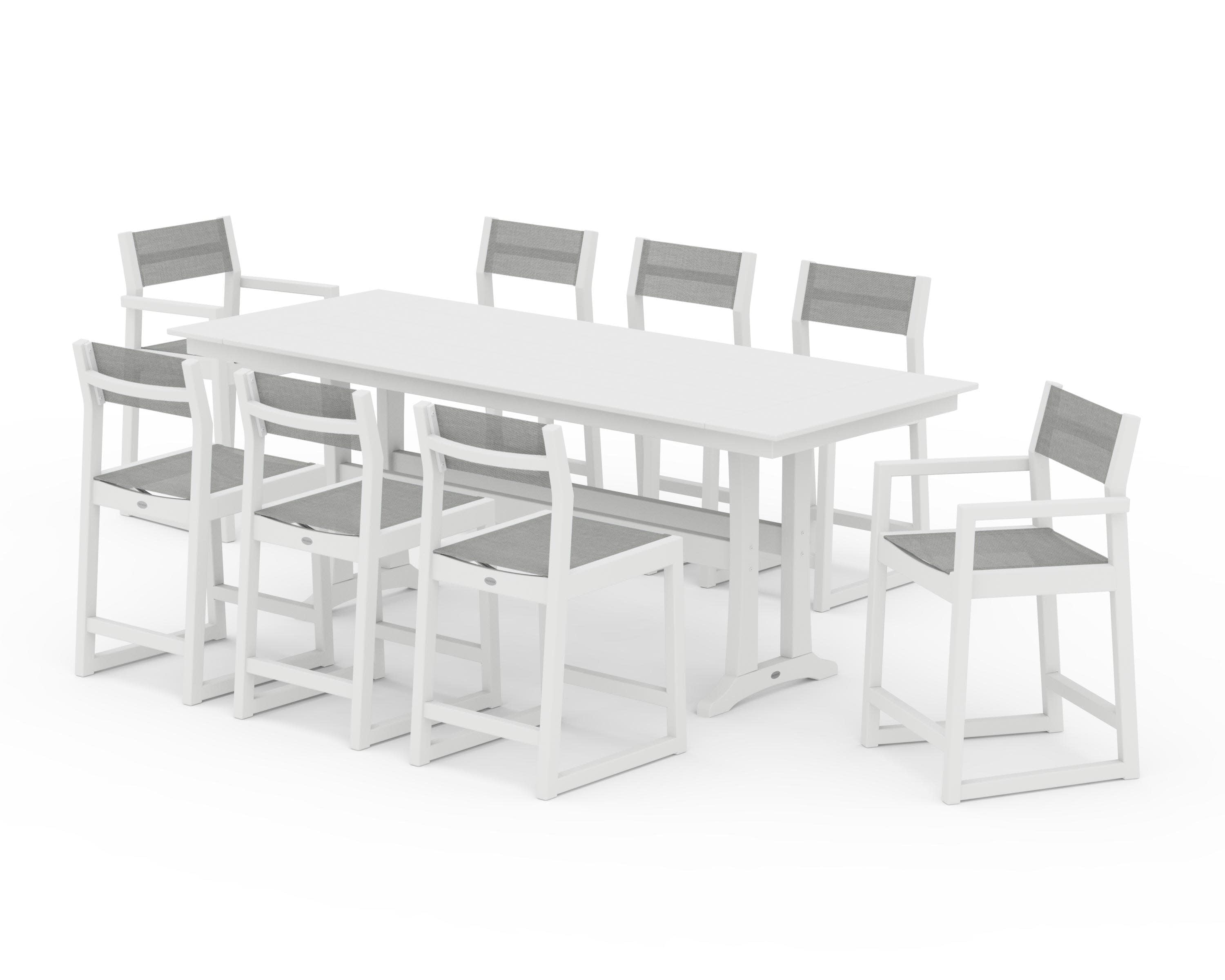 EDGE Sling 9-Piece Farmhouse Counter Set with Trestle Legs in White / Metallic Sling