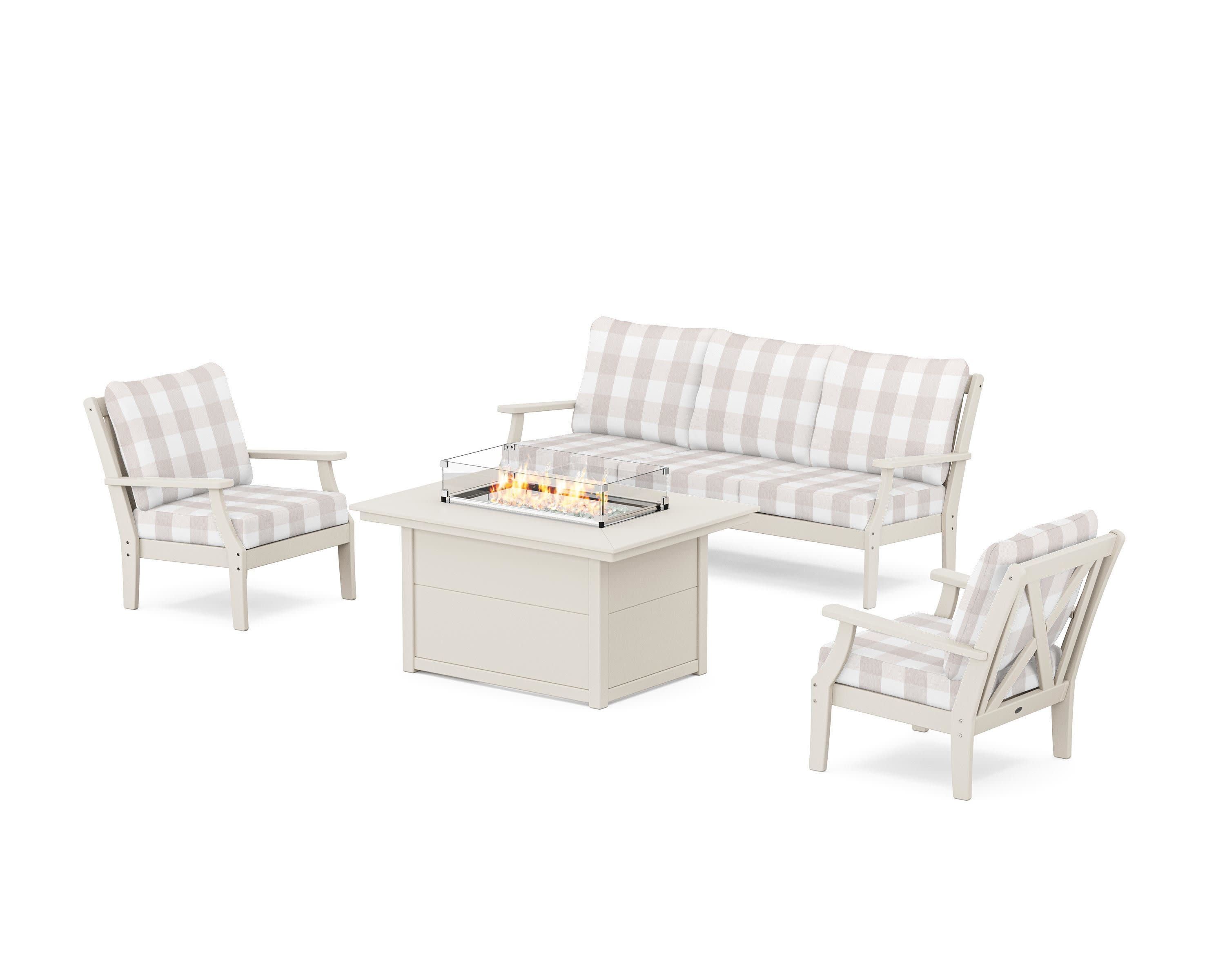 Braxton Deep Seating Fire Pit Table Set in Sand / Buffalo Plaid Dune Burlap